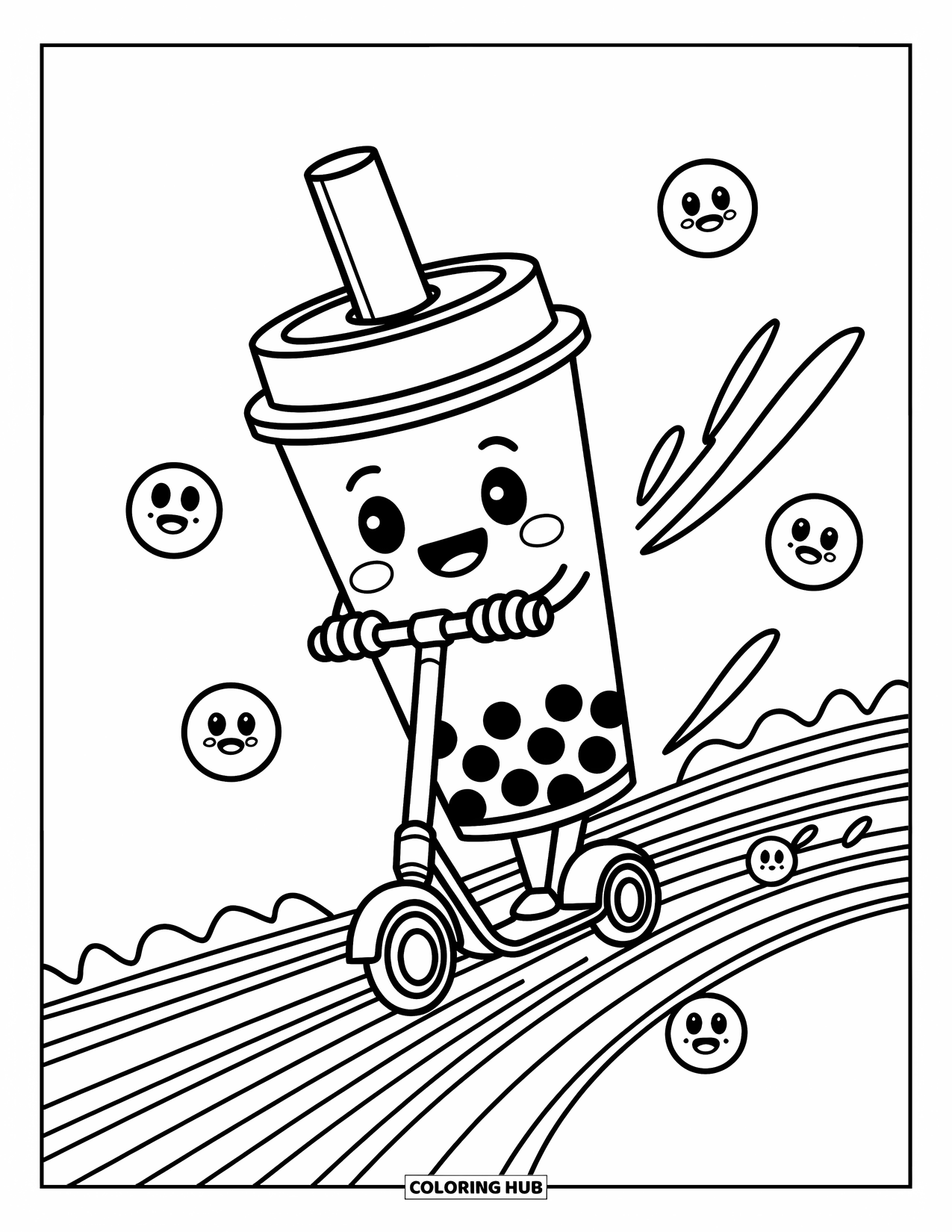 Boba Tea Kleurplaat voor Kinderen: Een lachende boba-beker rijdt op een scooter langs wervelende lijnen en speelse cirkels