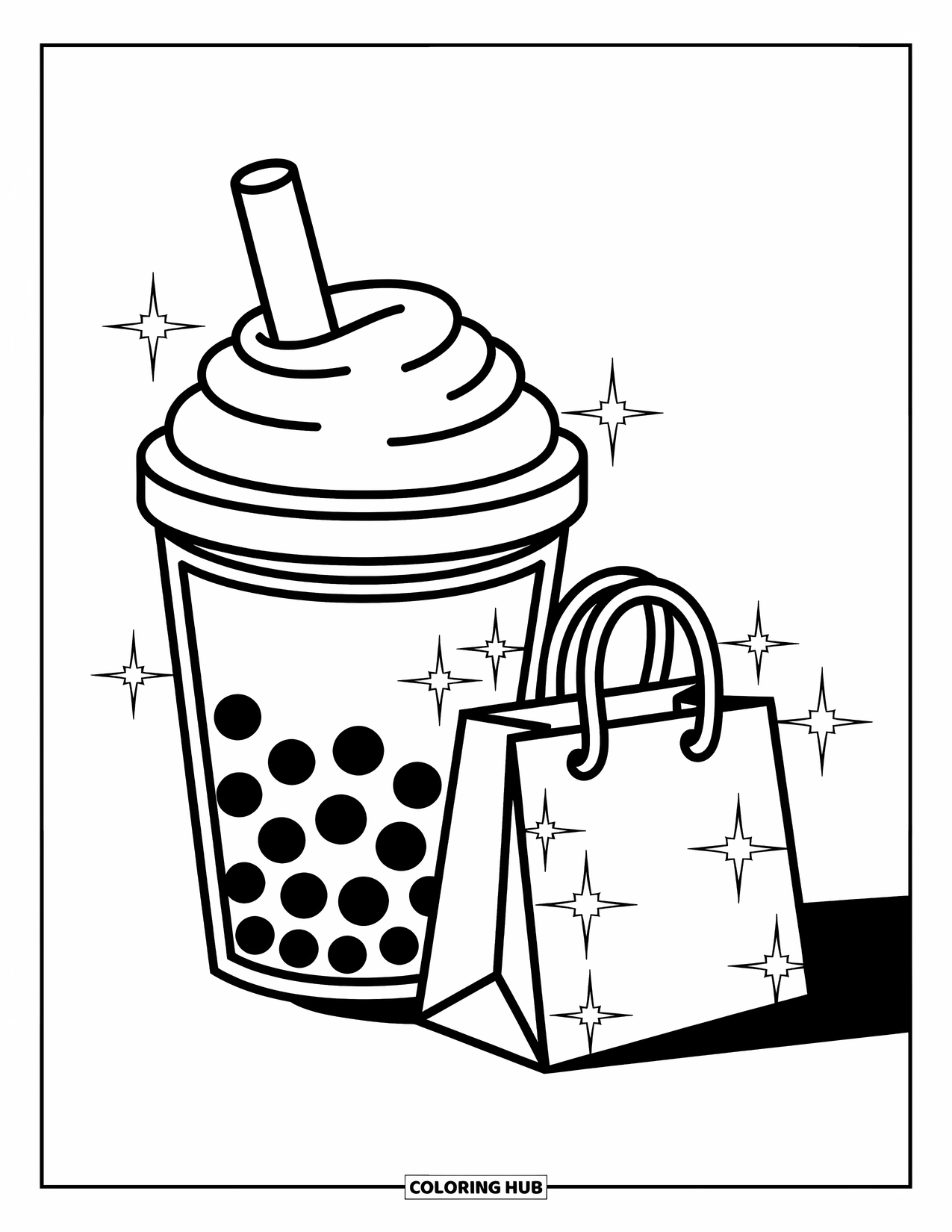 Boba Tea Kleurplaat voor Kinderen: Een stijlvolle boba beker houdt een mini-boodschappentas vast met glitters en speelse patronen