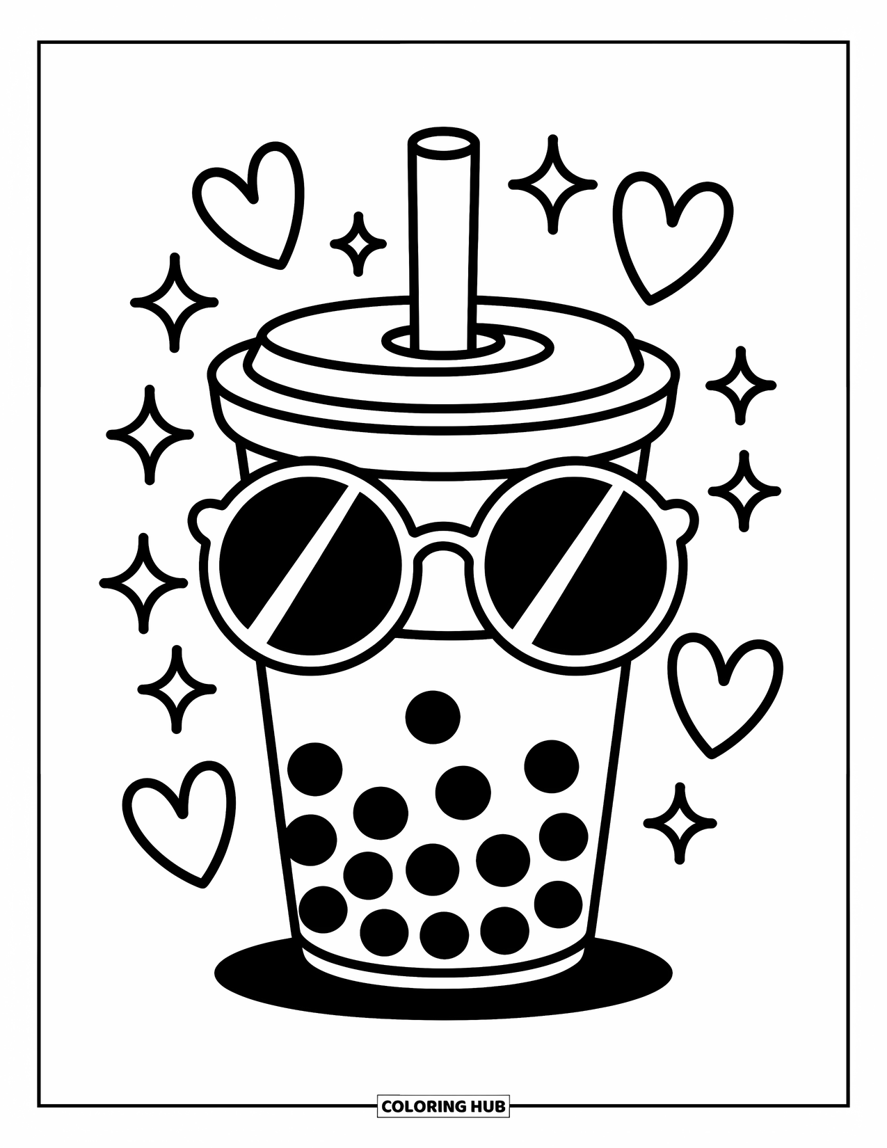 Boba Tea Kleurplaat voor Kinderen: Een stijlvolle boba beker draagt een oversized zonnebril met harten en sterren die rondzweven
