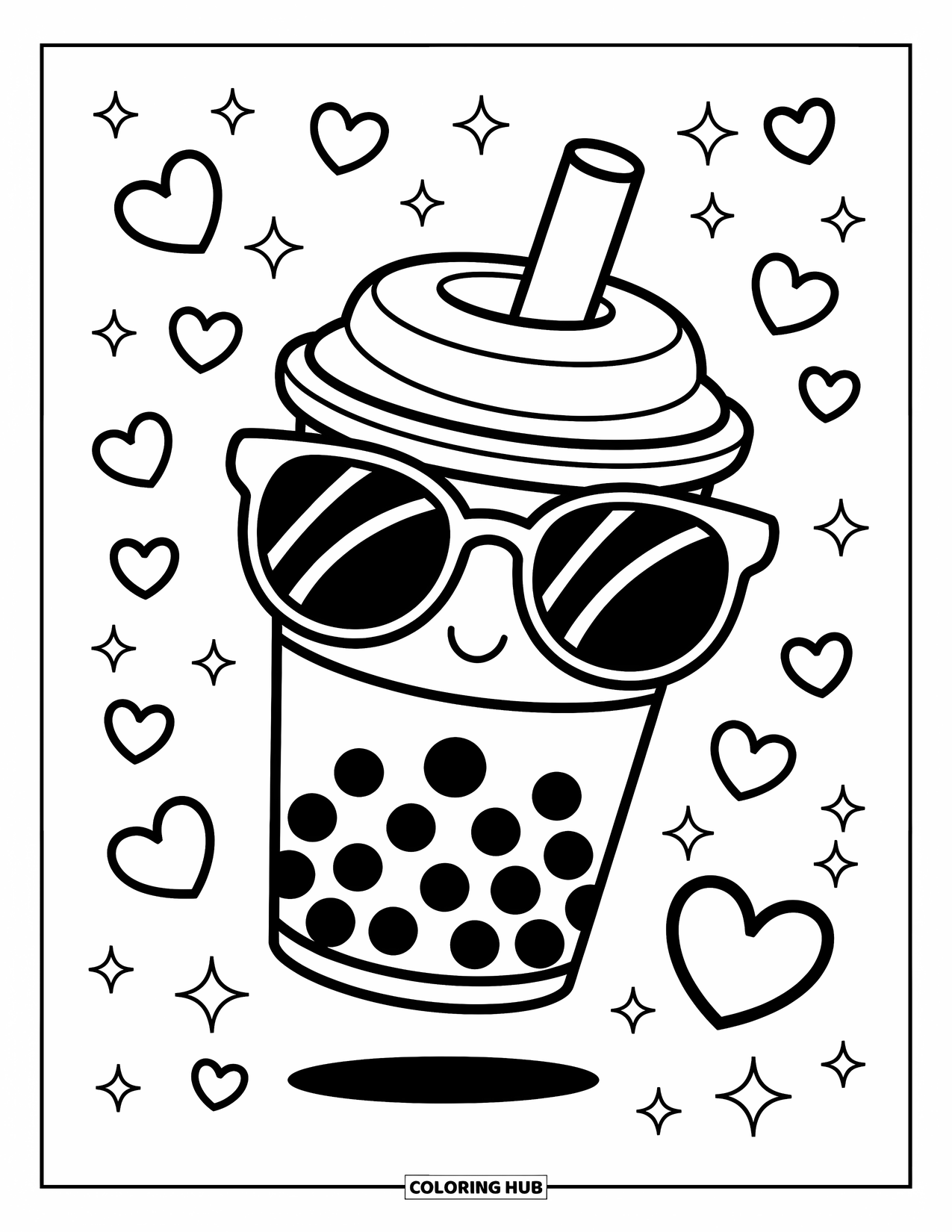 Boba Tea Kleurplaat voor Kinderen: Een stijlvolle boba beker met een oversized zonnebril, omringd door speelse harten en glitters
