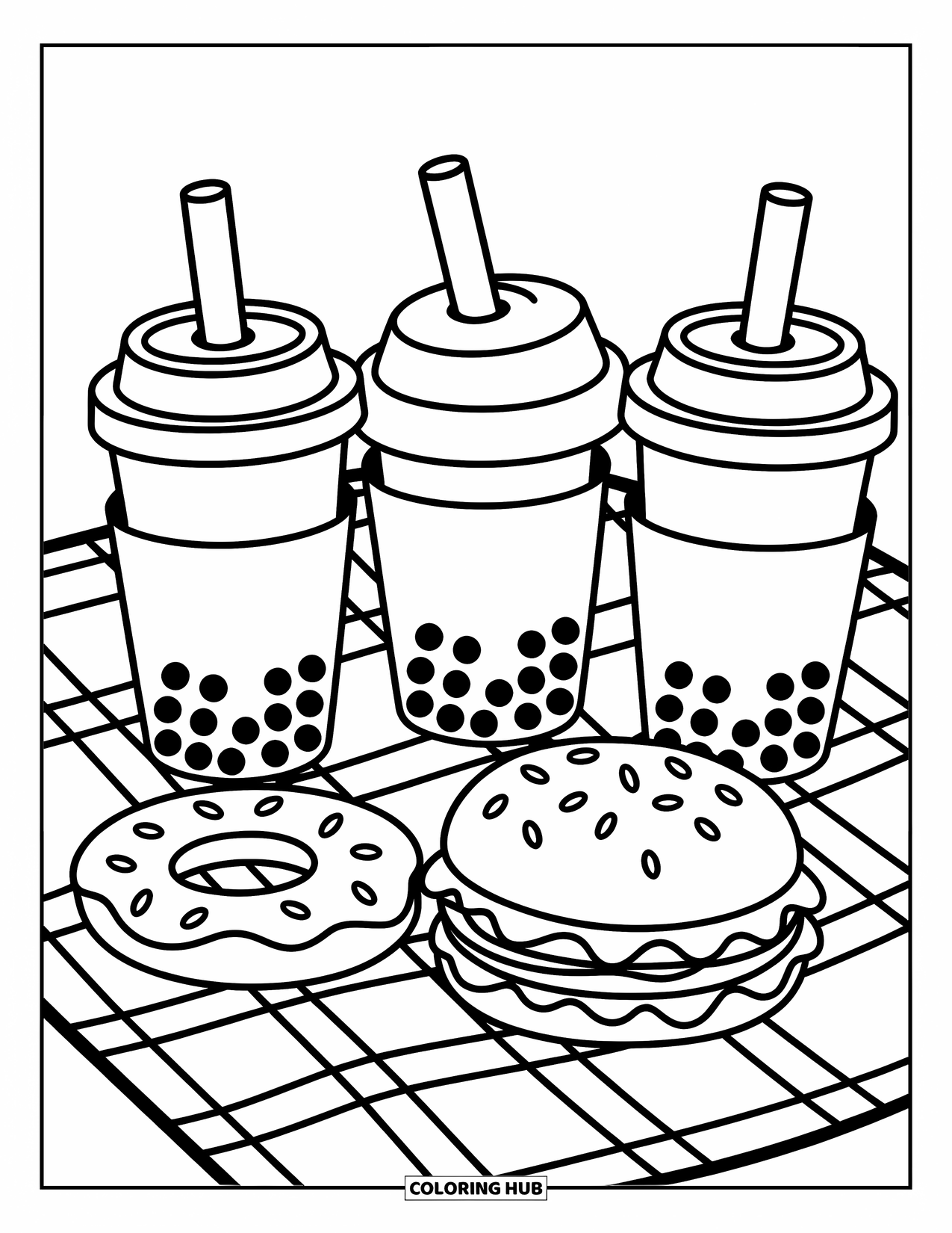 Boba Tea Kleurplaat voor Kinderen: Boba bekers op een vrolijk picknickkleed met een donut en een sandwich, omlijnd in gedurfde lijnen