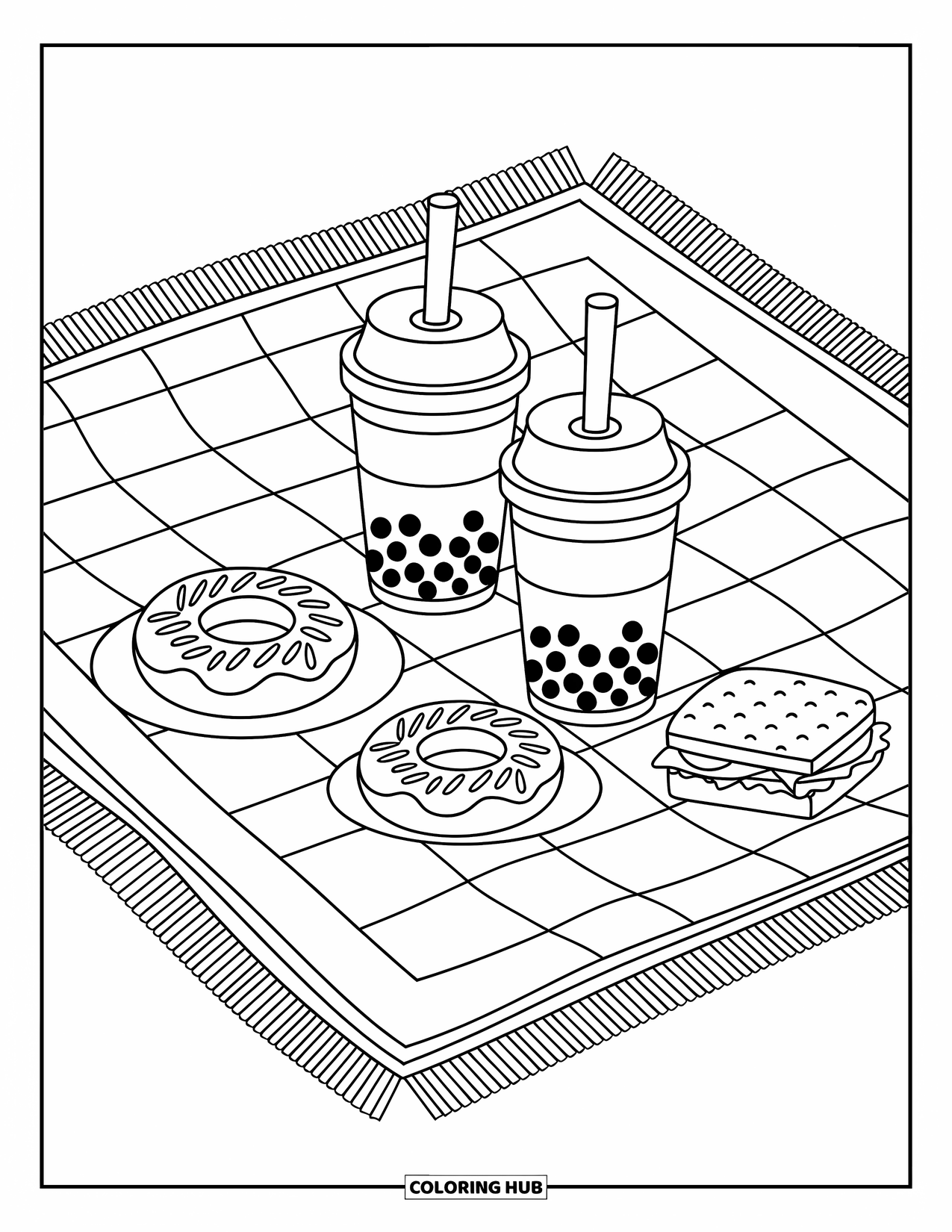 Boba Tea Kleurplaat voor Kinderen: Boba-bekers op een picknickkleed met een donut en sandwich, omringd door speelse patronen