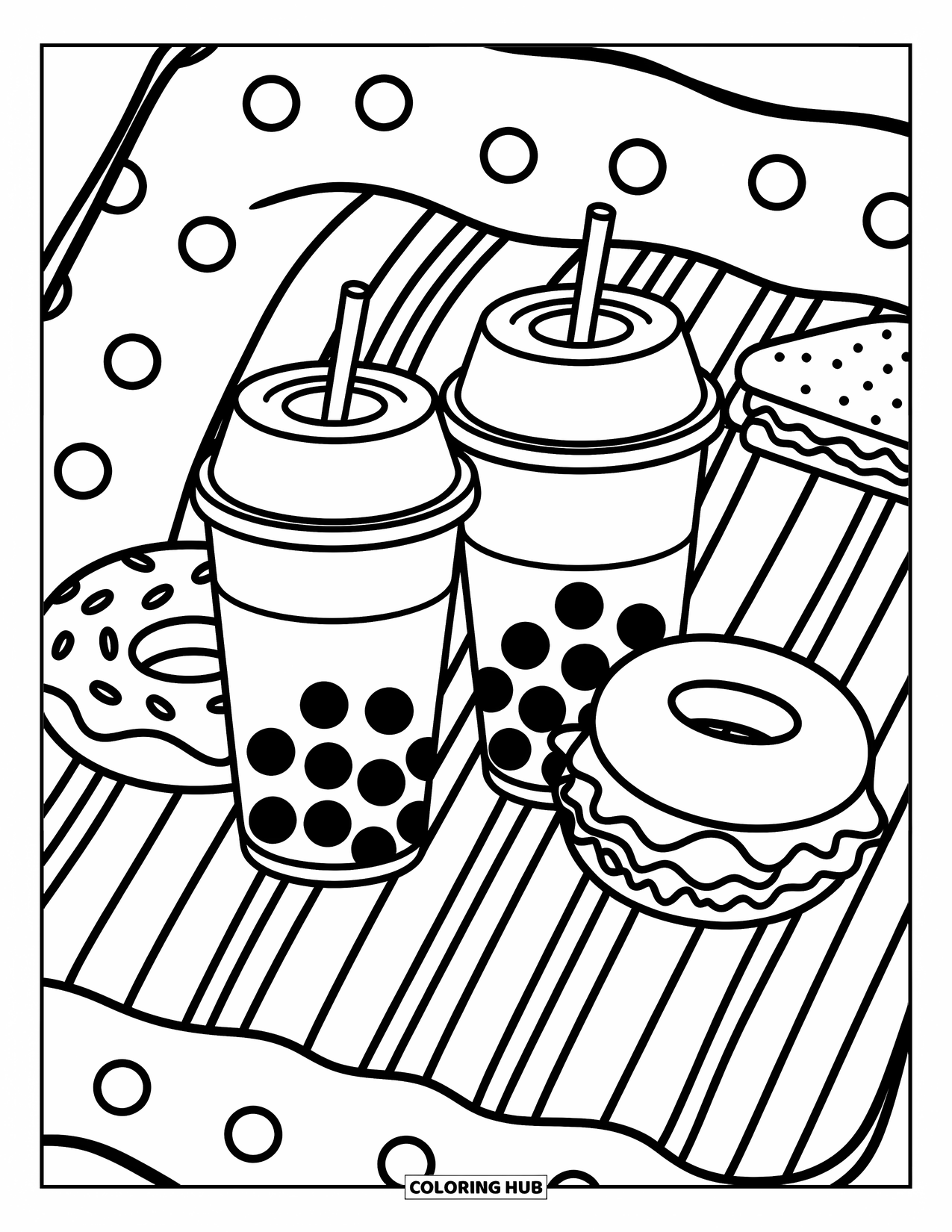 Boba Tea Kleurplaat voor Kinderen: Boba-bekers op een picknickkleed met stippen en strepen, naast een donut en sandwich