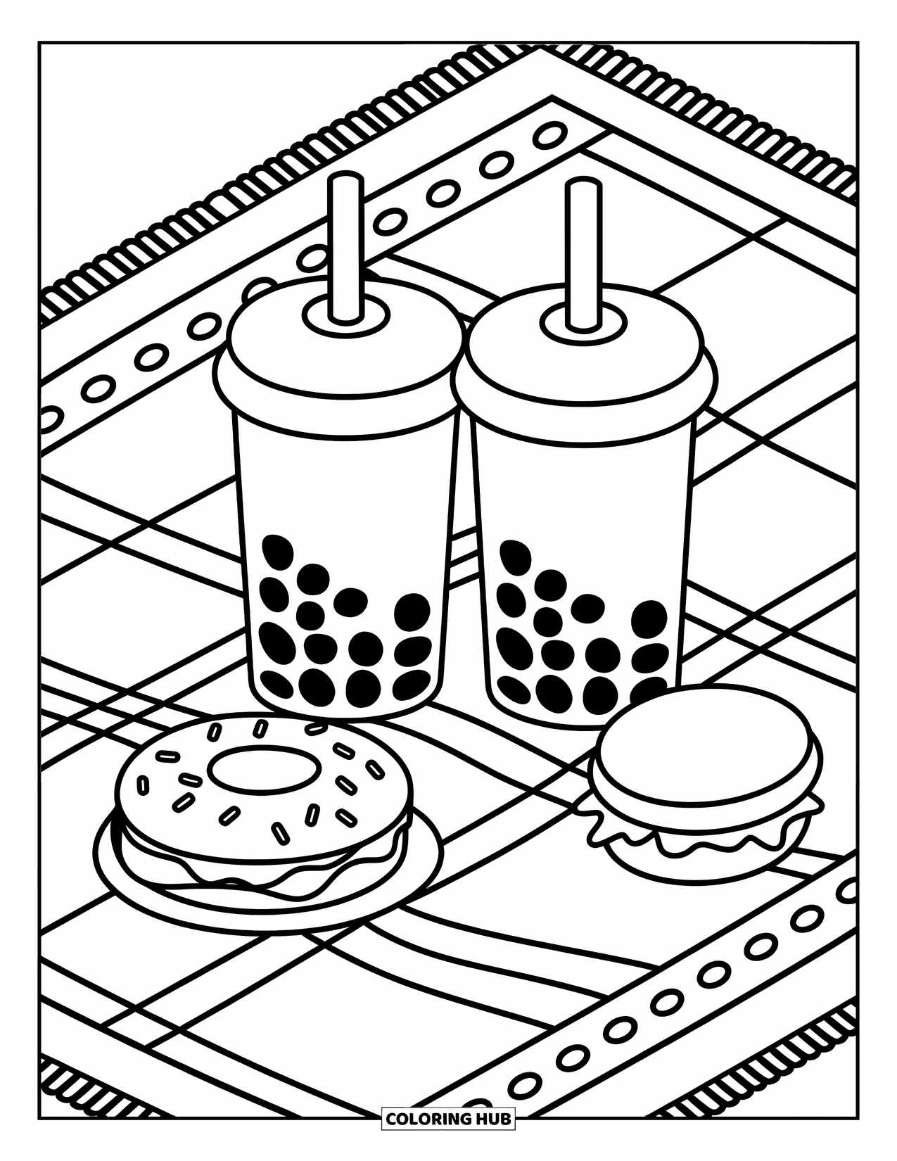 Boba Tea Kleurplaat voor Kinderen: Boba-bekers die op een picknickkleed zitten met leuke patronen en eenvoudige voedselvormen