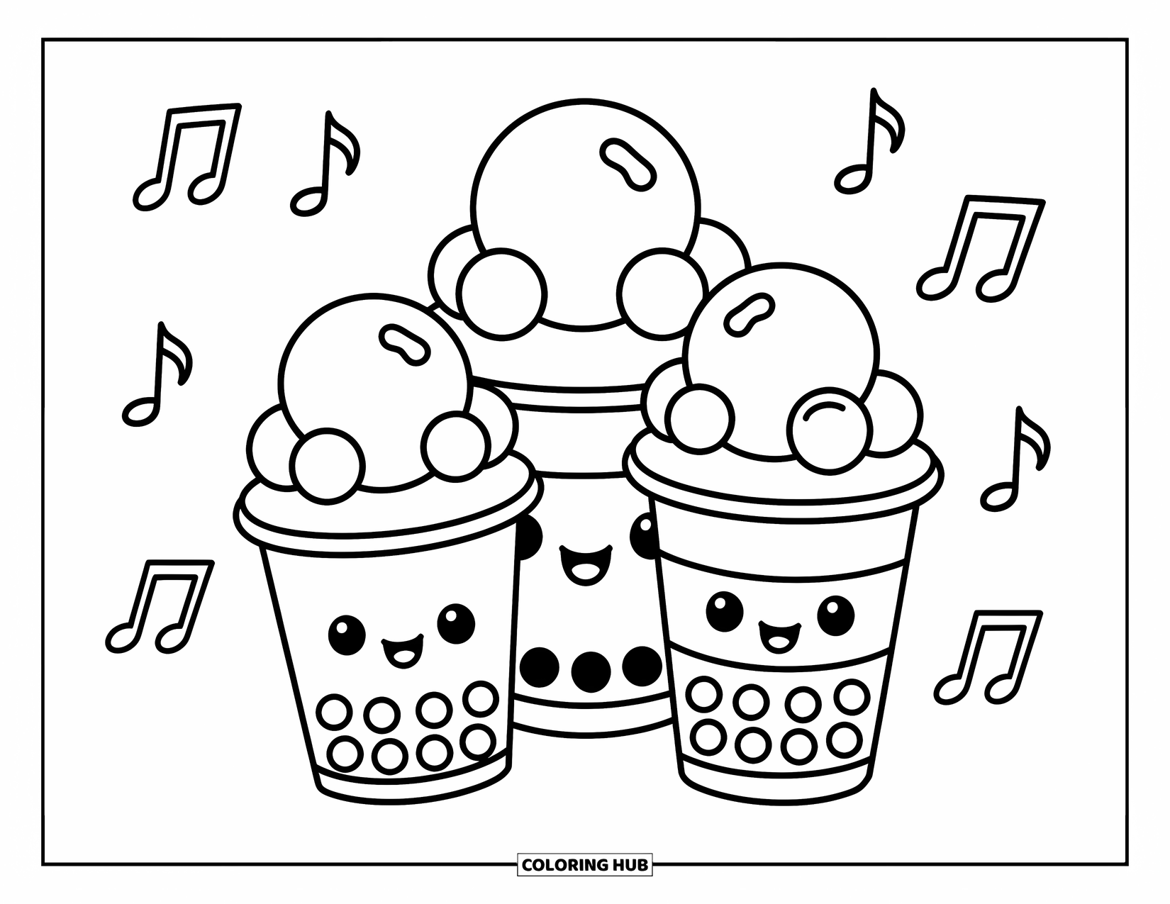 Boba Tea Kleurplaat voor Kinderen: Boba-bekers met mollige parels en muzieknoten eromheen