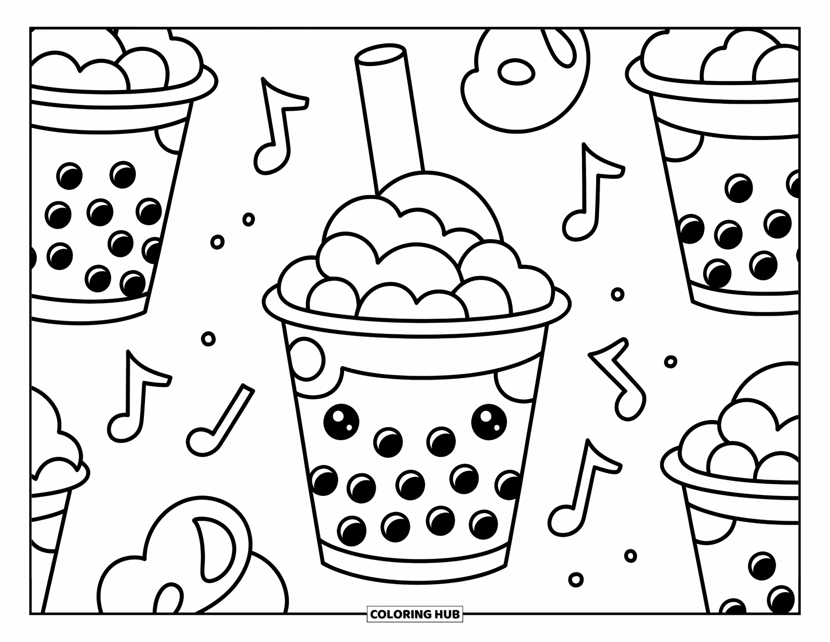 Boba Tea Kleurplaat voor Kinderen: Mollige boba-bekers met zwevende muzieknoten die een vrolijke toets toevoegen