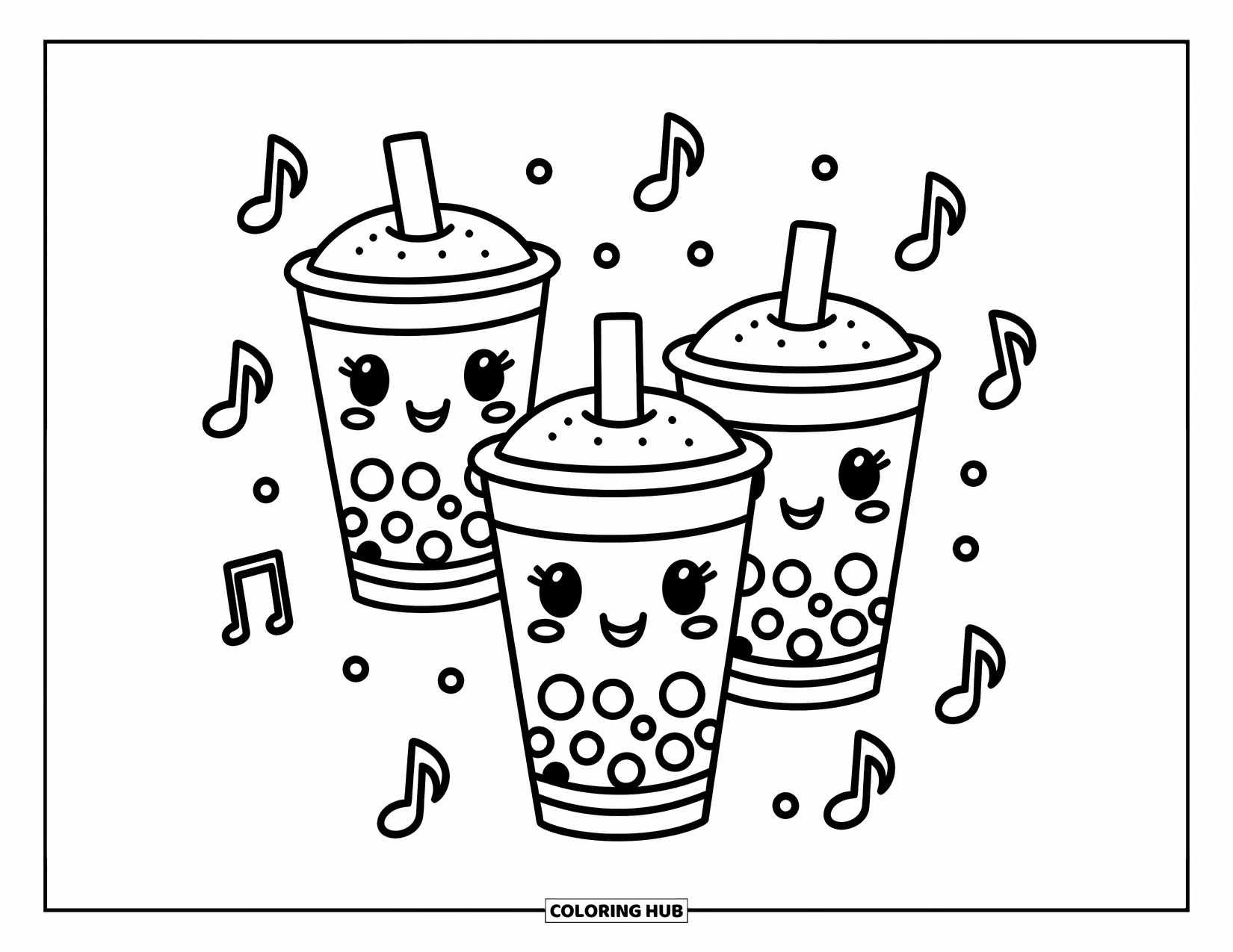 Boba Tea Kleurplaat voor Kinderen: Leuke boba bekers met mollige parels, omringd door kleine muzieknoten