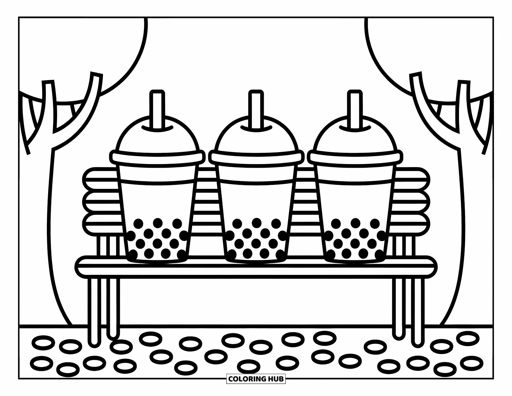 Boba Tea Kleurplaat voor Kinderen: Drie boba bekers op een parkbank met bomen en kiezels in een speelse scène