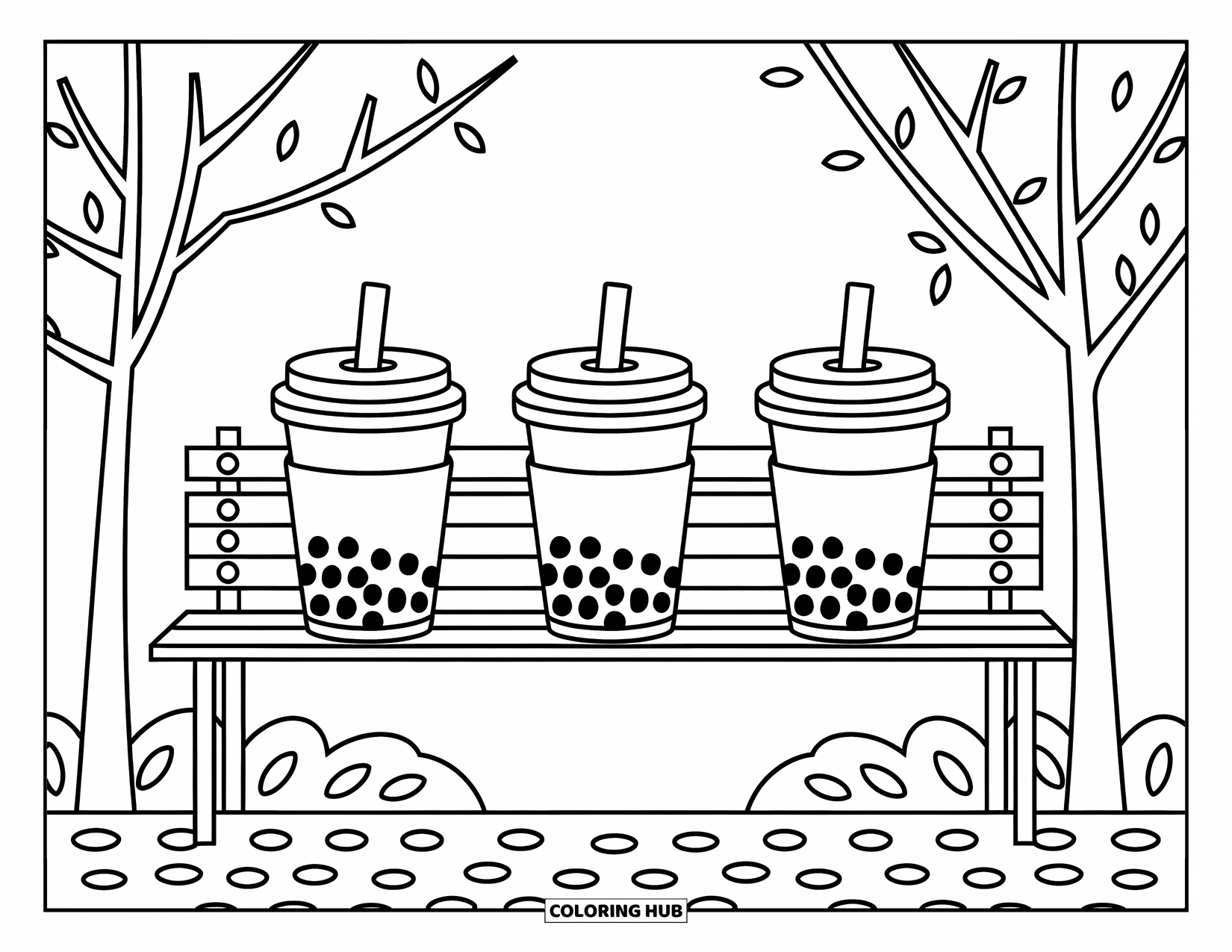Boba Tea Kleurplaat voor Kinderen: Drie boba bekers zitten op een parkbank met bomen en verspreide kiezels eromheen