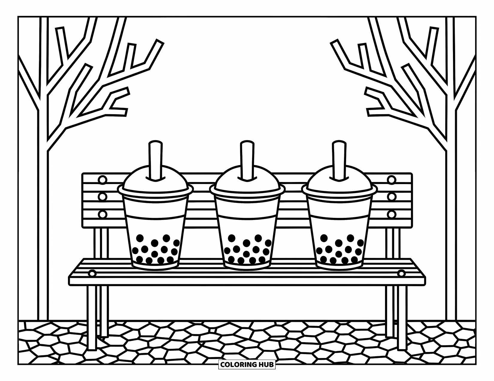 Boba Tea Kleurplaat voor Kinderen: Drie boba-bekers zitten op een bankje in het park met grillige bomen en verspreide steentjes
