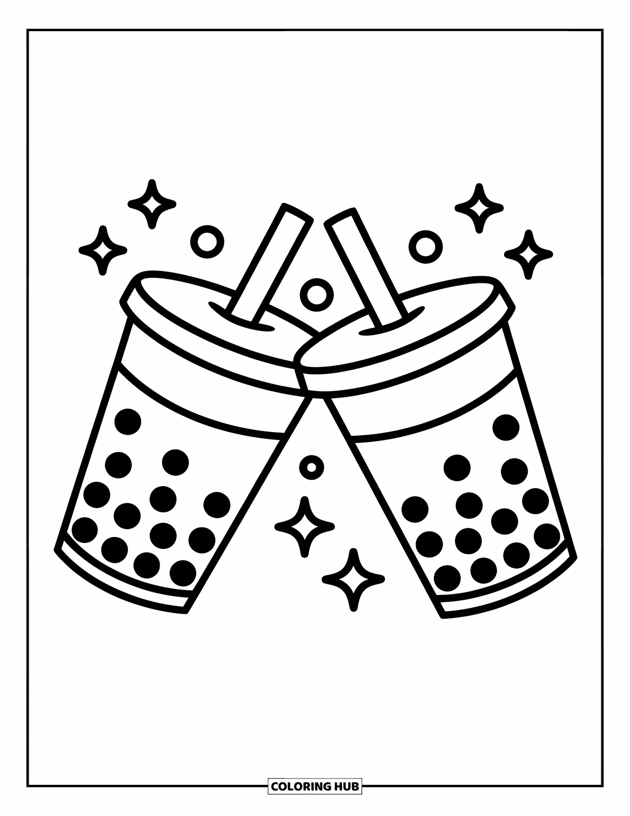 Boba Tea Kleurplaat voor Kinderen: Twee boba-bekers klinken met speelse sterren en bubbels eromheen
