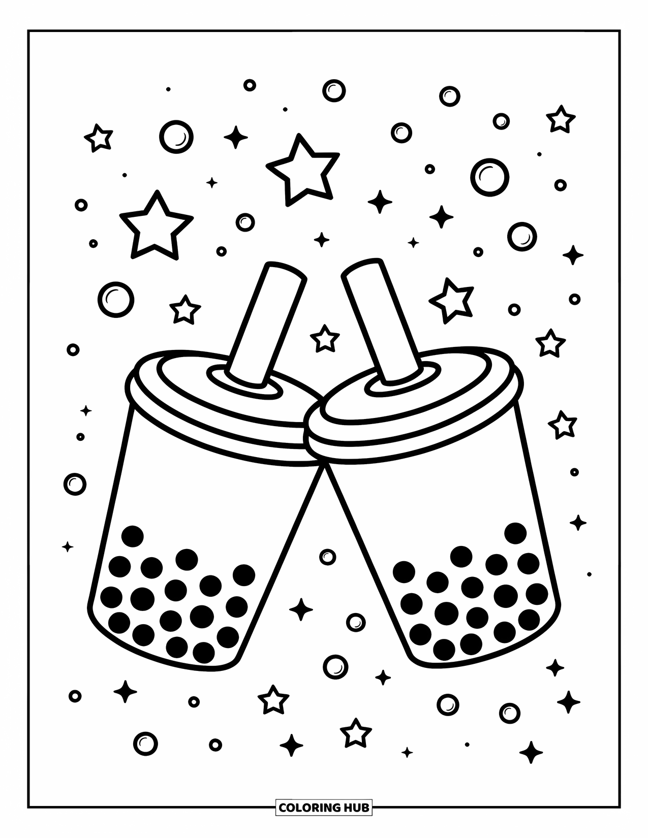 Boba Tea Kleurplaat voor Kinderen: Twee boba bekers die zachtjes klinken met sterren, harten en wervelingen die de scène vullen