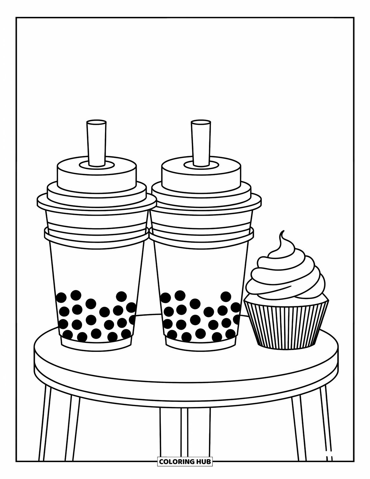 Boba Tea Kleurplaat voor Kinderen: Twee boba-bekers rusten op een tafeltje met een cupcake, met eenvoudige, vrolijke details