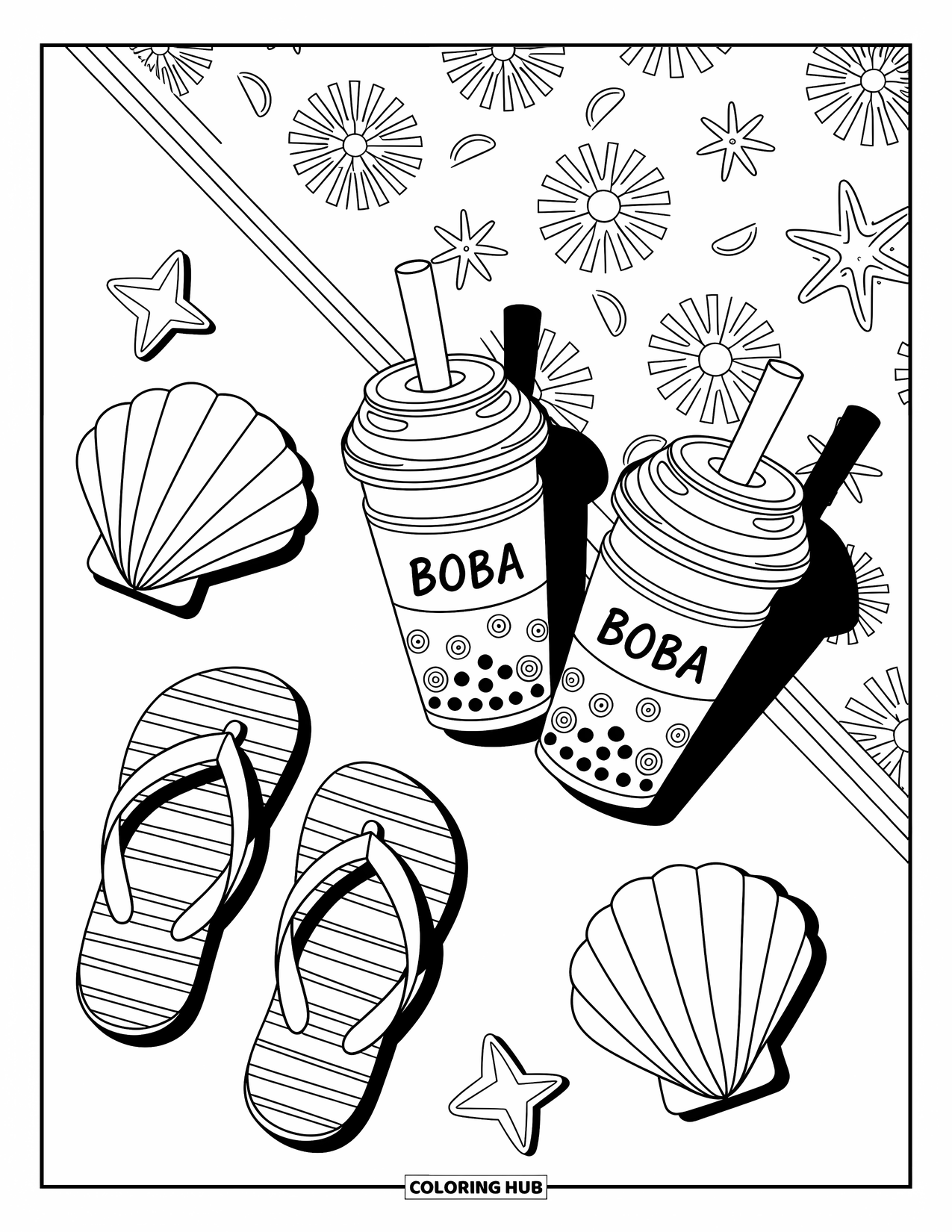 Boba Tea Kleurplaat voor Kinderen: Twee boba bekers rusten op een handdoek met patroon met speelse strandaccessoires eromheen