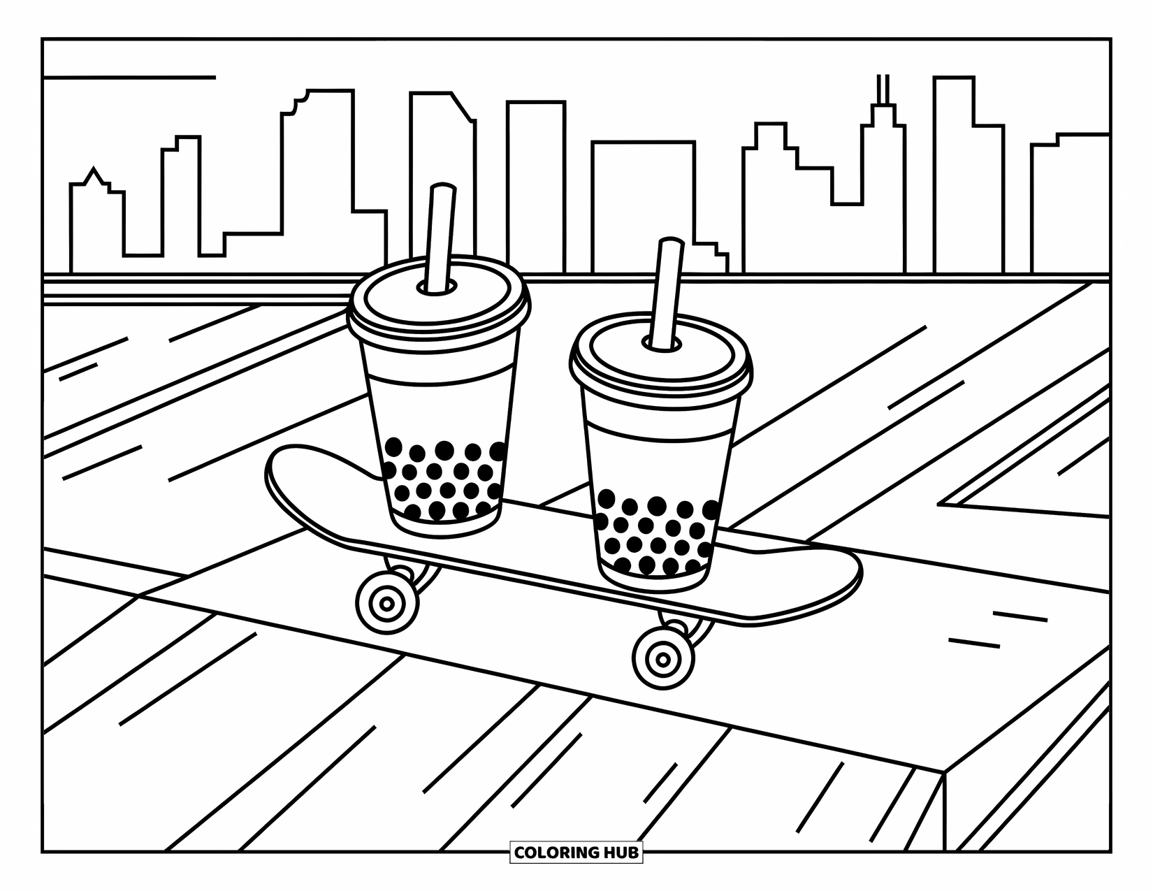 Boba Tea Kleurplaat voor Kinderen: Twee boba-bekers zitten op een skateboardhelling, omringd door bewegingslijnen en stadslichten