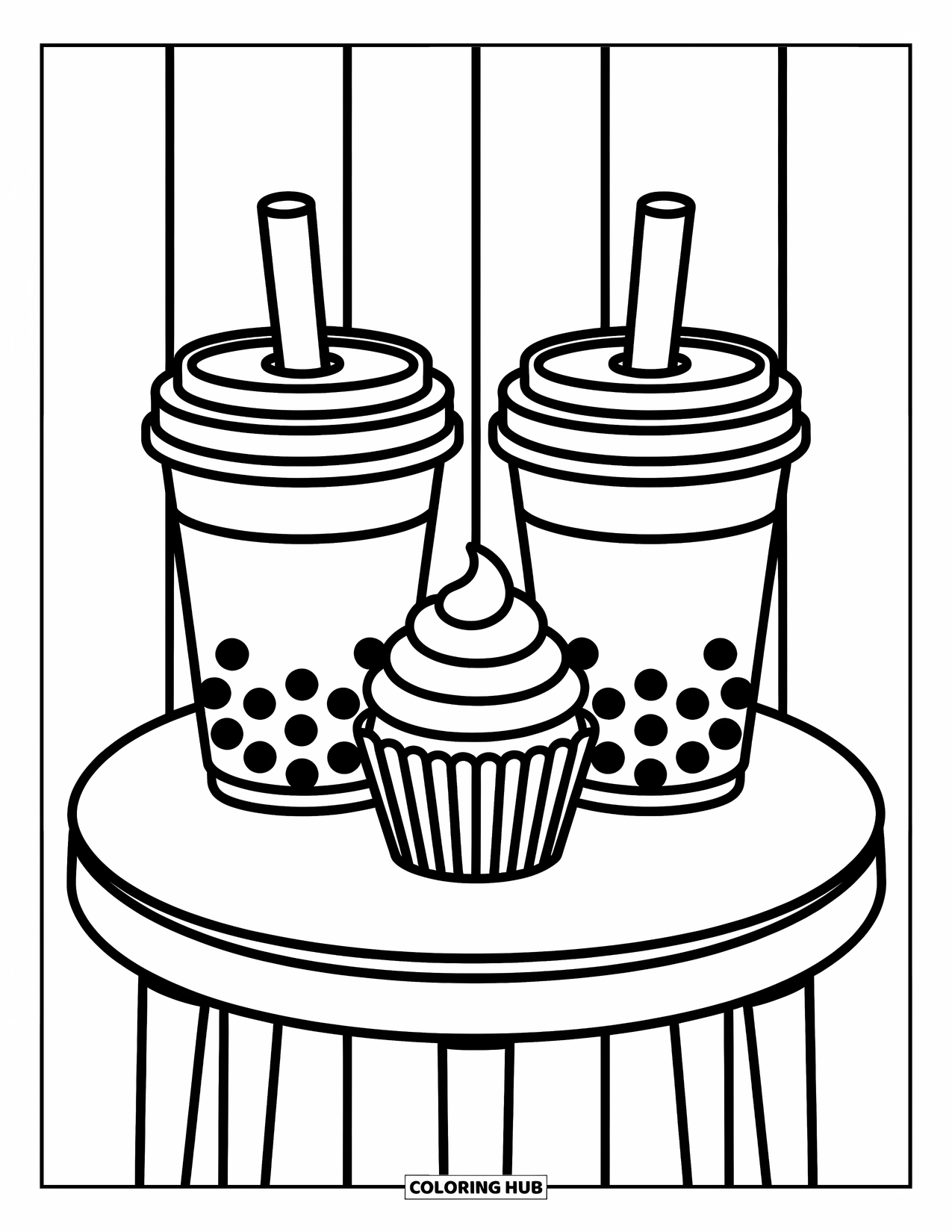 Boba Tea Kleurplaat voor Kinderen: Twee boba bekers zitten op een klein tafeltje met een cupcake ernaast, omringd door speelse lijnen