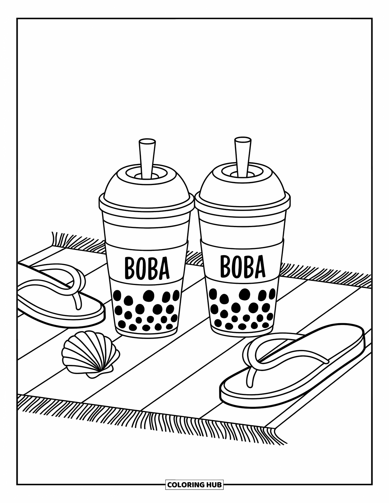 Boba Tea Kleurplaat voor Kinderen: Twee boba bekers zitten op een handdoek met slippers, een zeeschelp en zachte golven in de buurt