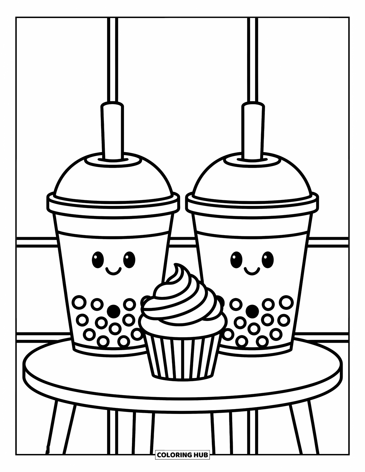 Boba Tea Kleurplaat voor Kinderen: Twee boba bekers die naast elkaar op een klein tafeltje staan met een cupcake ernaast