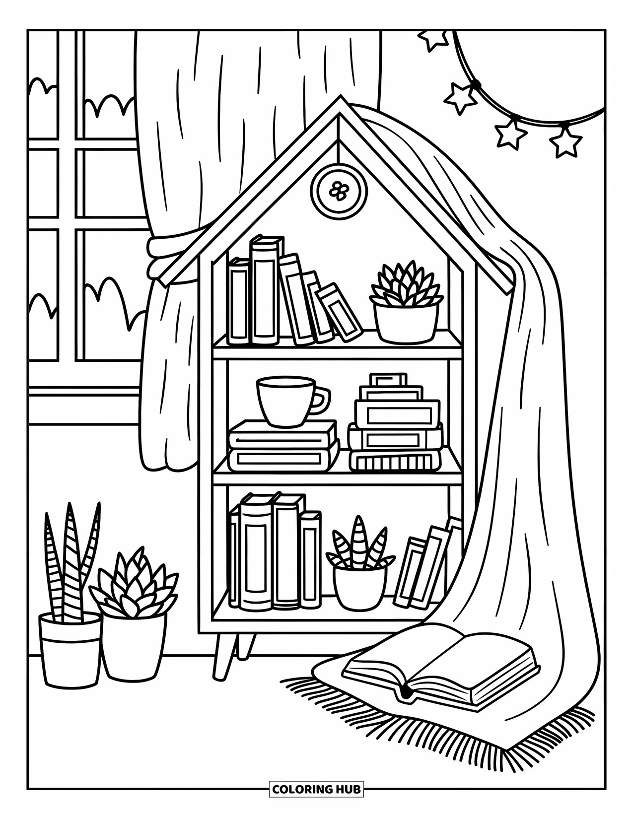 Boek Kleurplaat voor Volwassenen: Een deken hangt over een kleine huisplank vol boeken en sterren