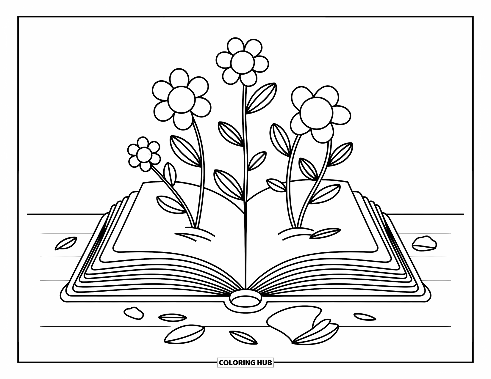 Boek Kleurplaat voor Volwassenen: Een boek bloeit met kleine bloemen, bloemblaadjes verspreid in een gezellig hoekje