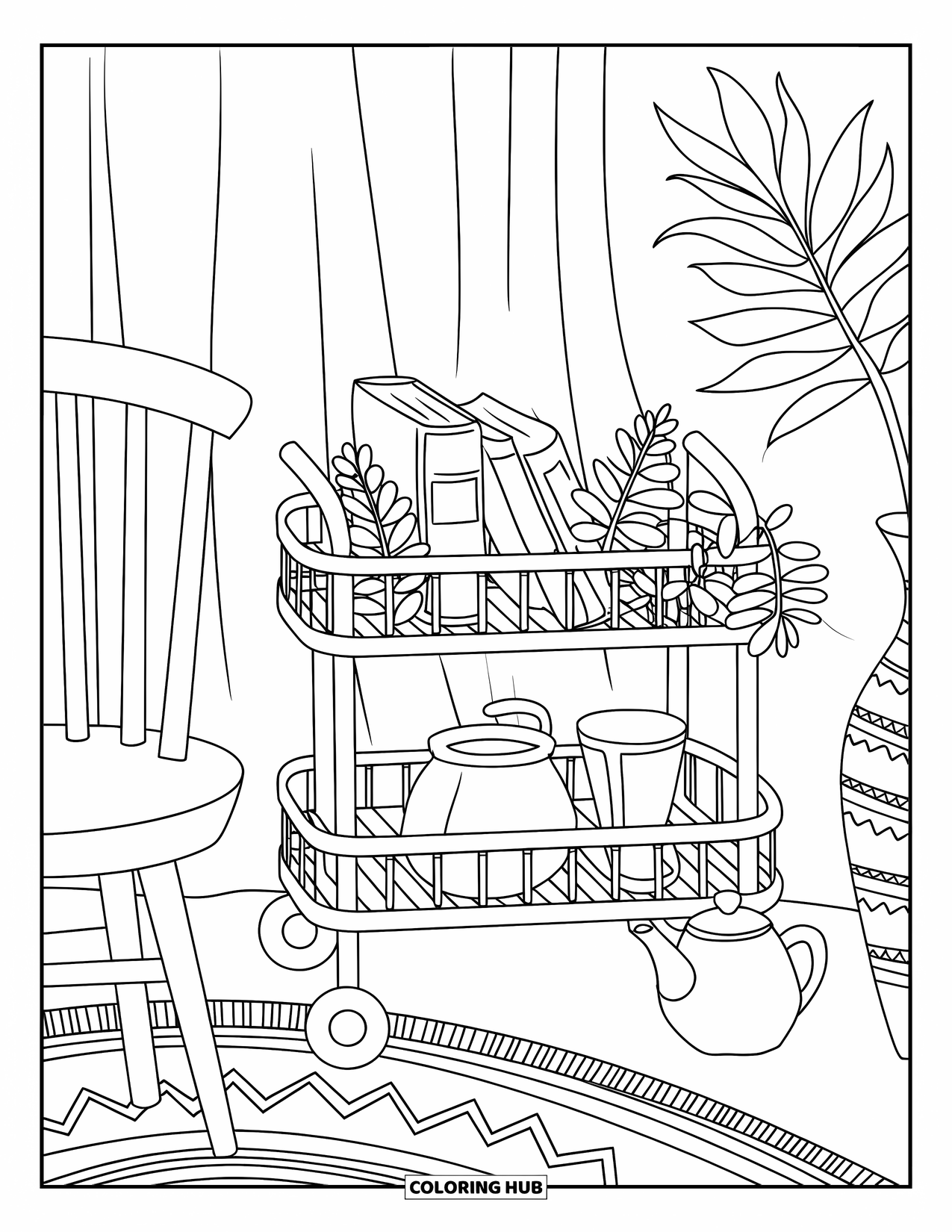 Boek Kleurplaat voor Volwassenen: Een boekenwagen, theepot en groene planten staan in een gezellig hoekje bij het raam