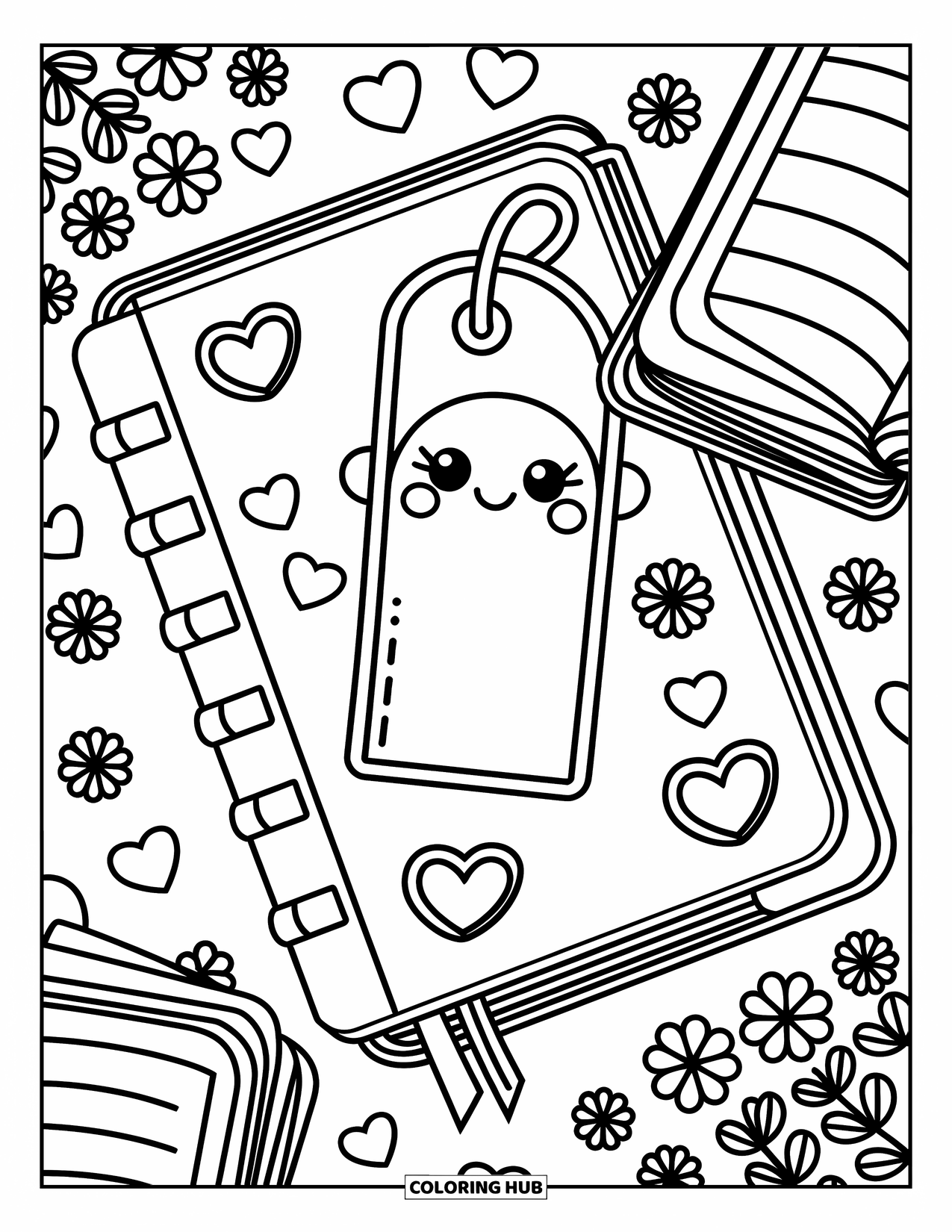 Boek Kleurplaat voor Volwassenen: Een boek met stickers en een bladwijzer rust warm met gezellige doodles eromheen