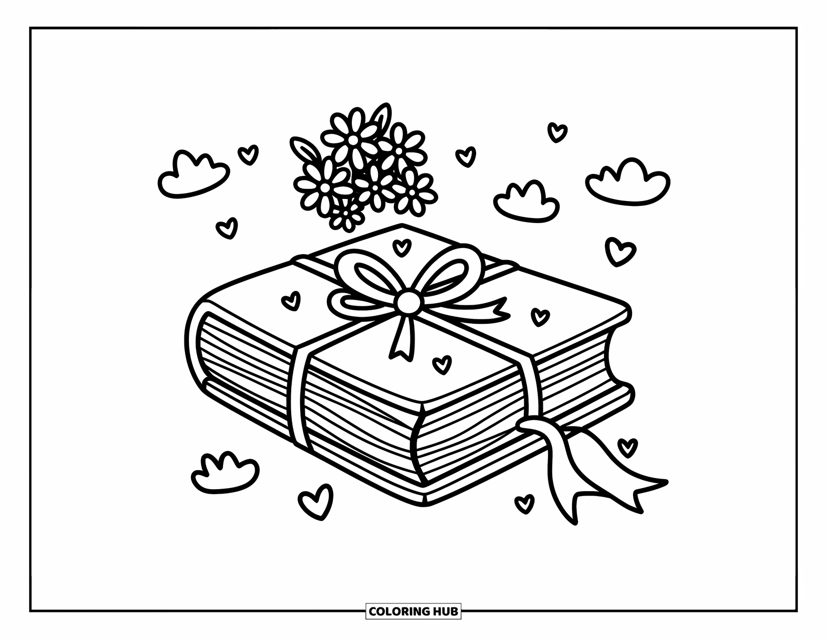Boek Kleurplaat voor Volwassenen: Een gesloten boek vastgebonden met een lint is omringd door wolken en verspreide kleine hartjes