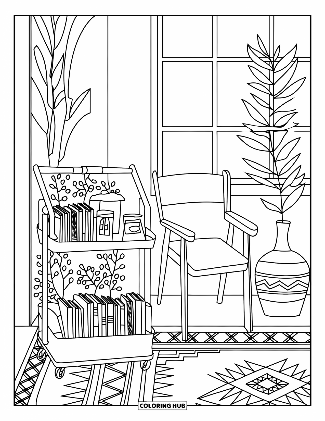 Boek Kleurplaat voor Volwassenen: Een gezellig hoekje met een boekenwagen, warme thee en planten bij een raam met gordijnen