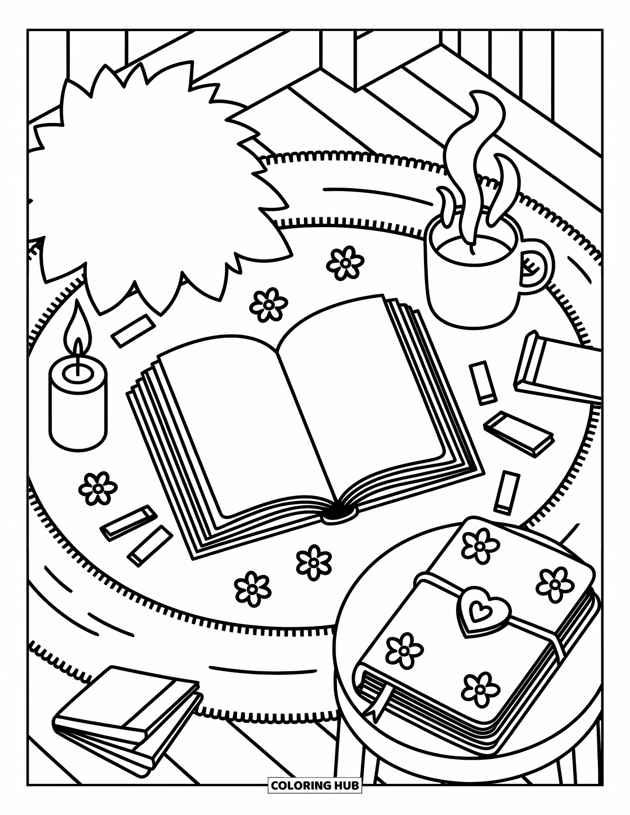 Boek Kleurplaat voor Volwassenen: Een gezellig kleed bevat een boek, een warme kaars, een stomende mok en verspreide bladwijzers
