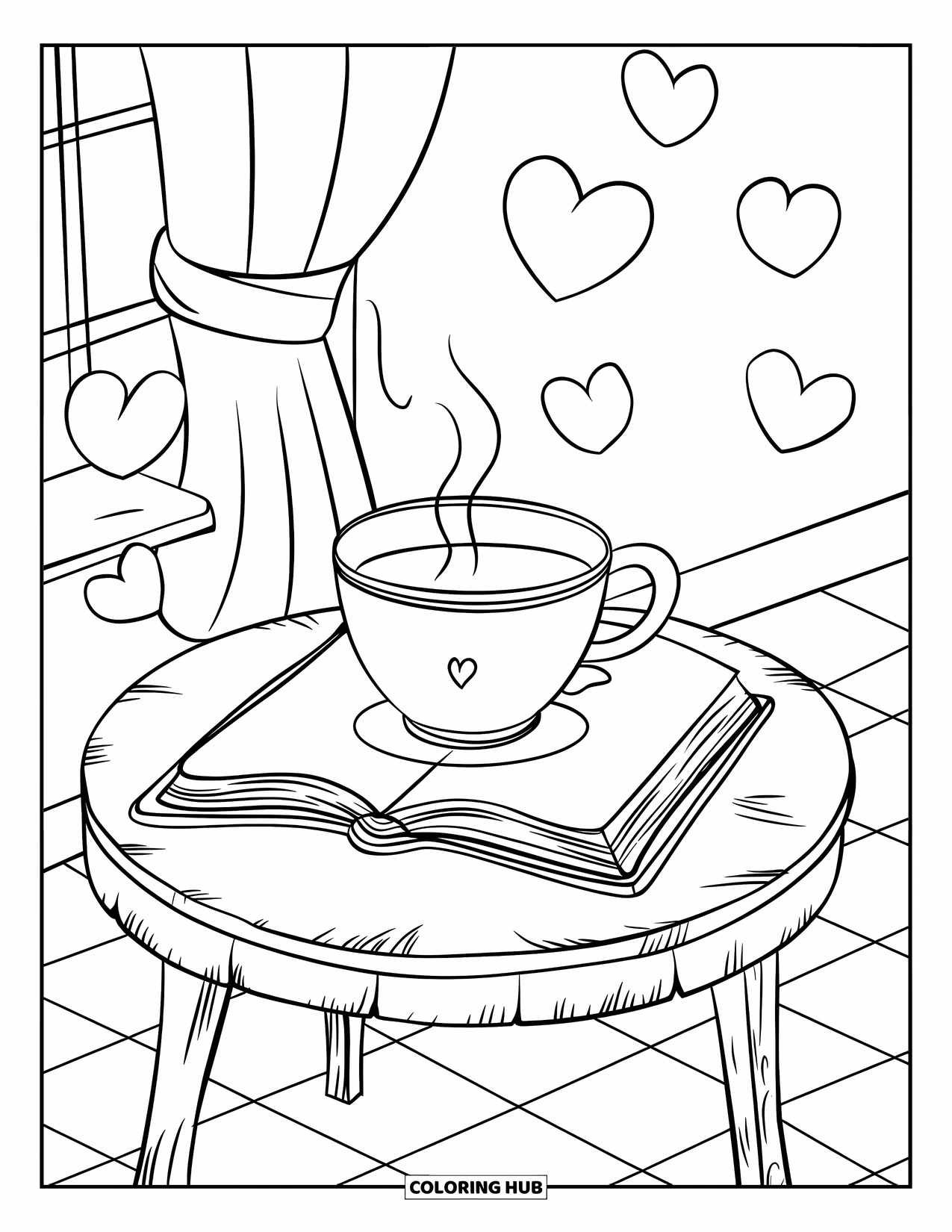 Boek Kleurplaat voor Volwassenen: Een kop thee staat op een open boek met zwevende harten en een geblokte vloer