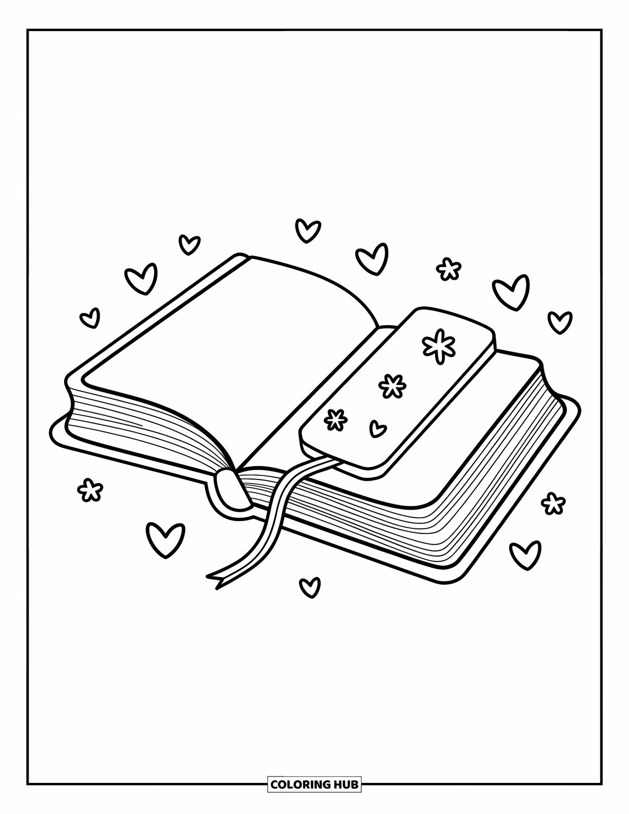 Boek Kleurplaat voor Volwassenen: Een hartvormige bladwijzer piept uit een dagboek met gekrabbelde harten en kleine bloemen