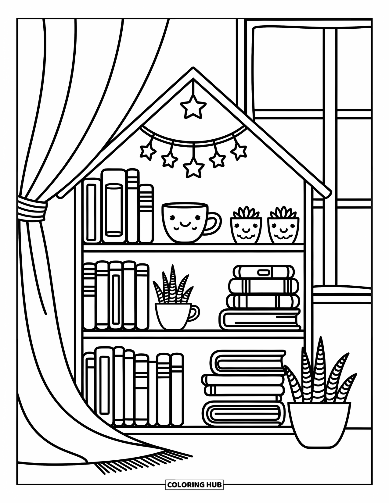 Boek Kleurplaat voor Volwassenen: Een huisvormige boekenplank bevat boeken, mokken, sterren en een gedrapeerde deken