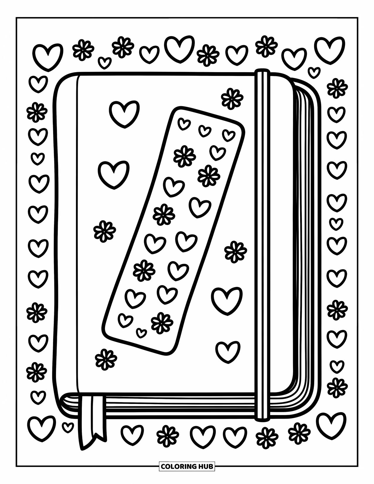 Boek Kleurplaat voor Volwassenen: Een dagboek met hartstickers en een bladwijzer piept eruit met kleine bloemen eromheen