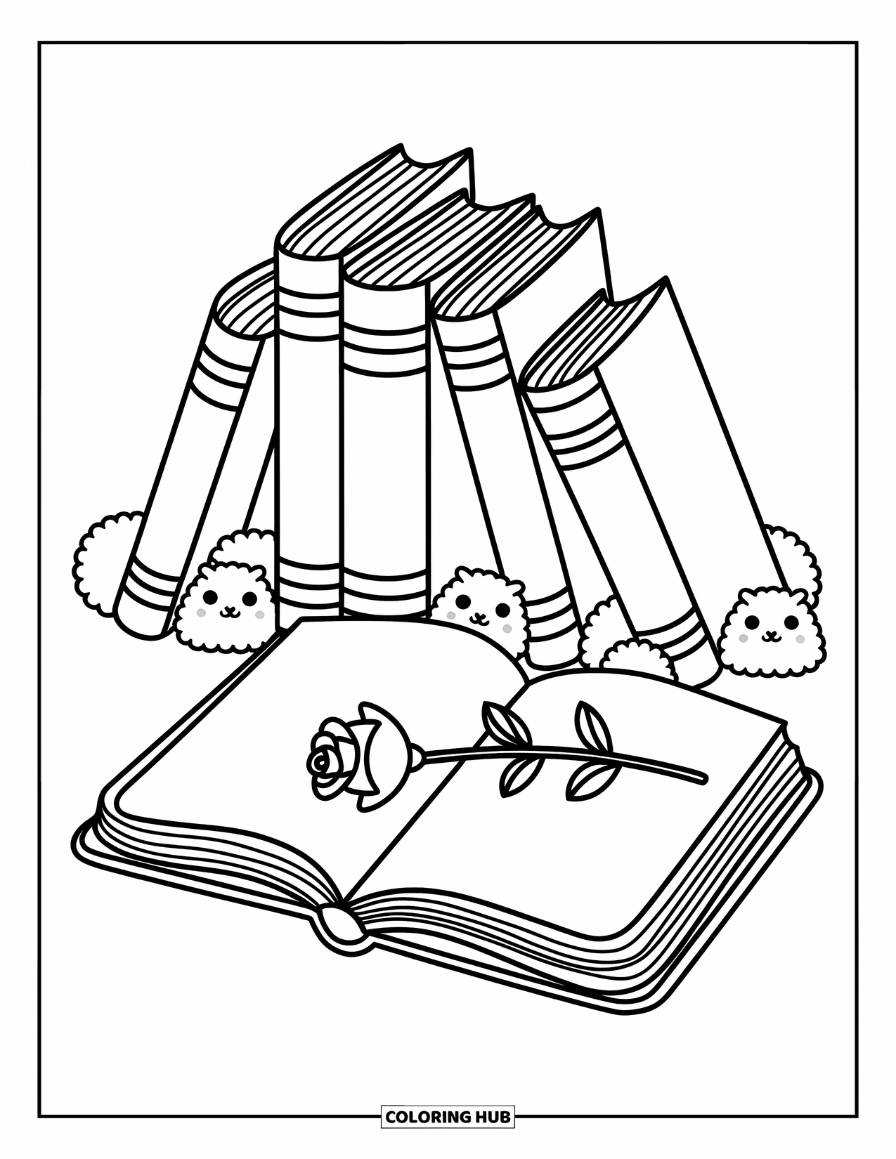 Boek Kleurplaat voor Volwassenen: Een roos ligt op open pagina's, omringd door pluizige wezens en speelse boekenruggen