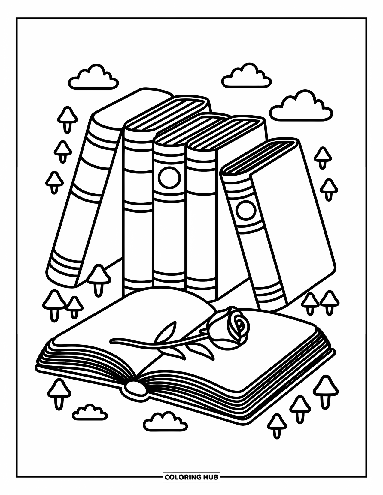 Boek Kleurplaat voor Volwassenen: Een roos rust over een open boek met kleine paddenstoelen en wolken eromheen