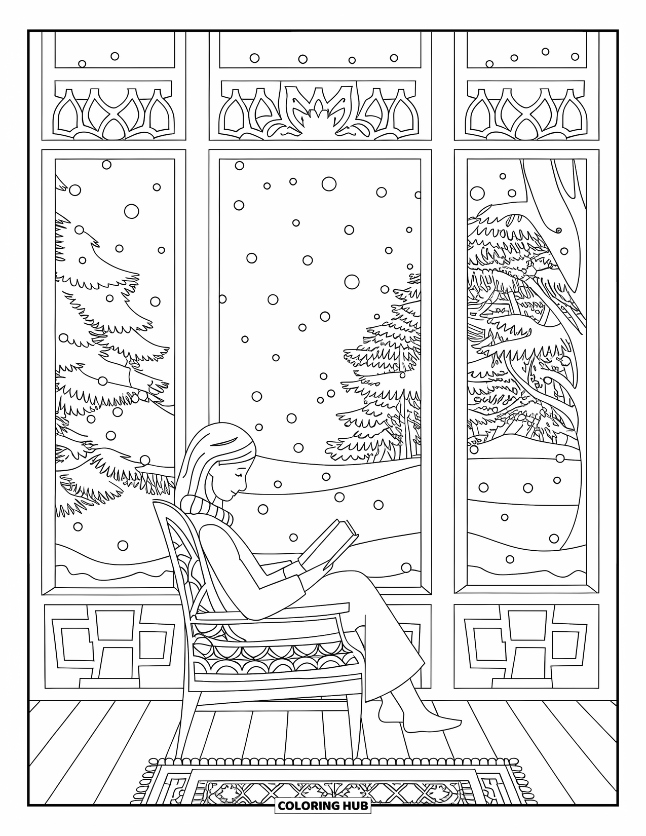 Boek Kleurplaat voor Volwassenen: Een vrouw met een sjaal leest rustig bij het raam met besneeuwde bomen in zicht