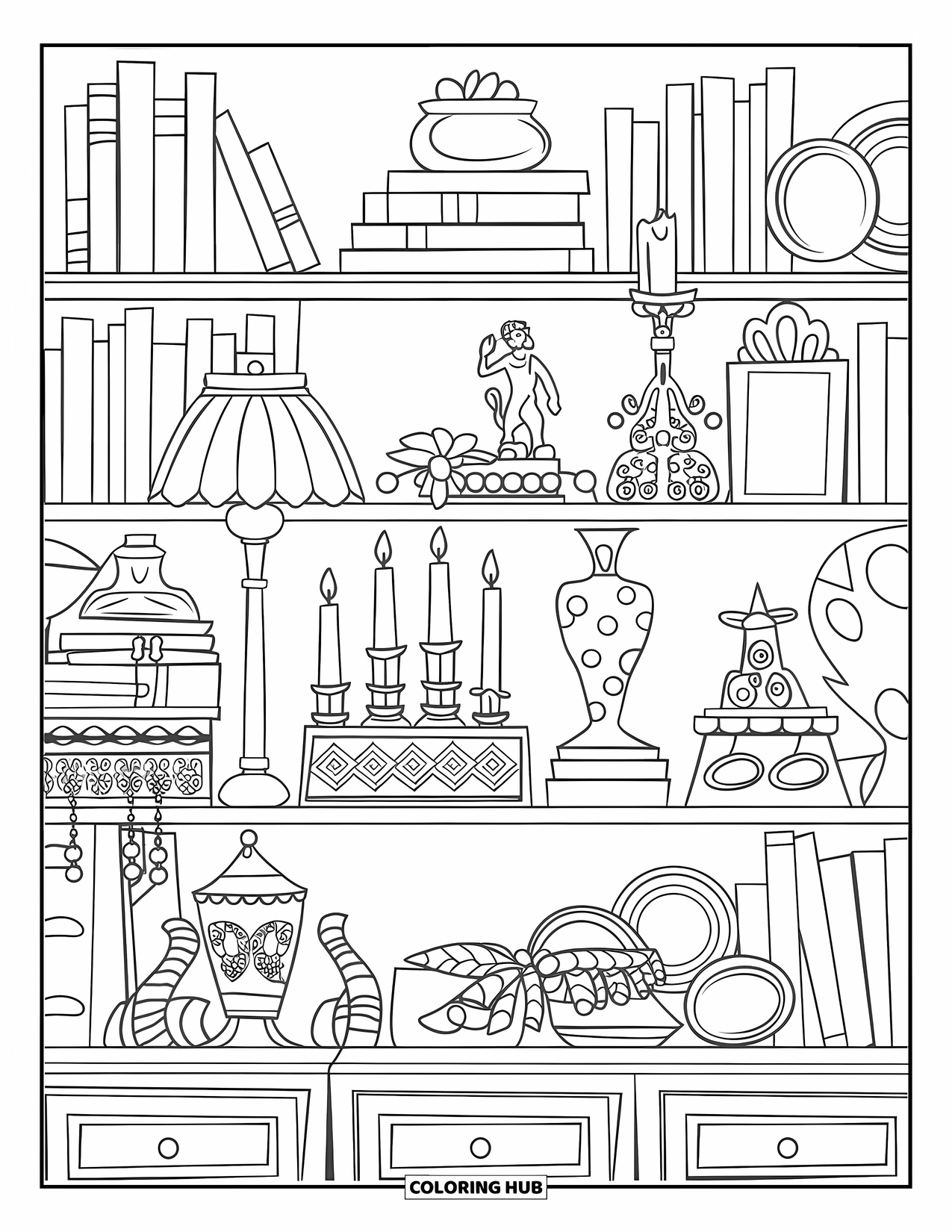 Boek Kleurplaat voor Volwassenen: Een plank vol boeken, kaarsen en snuisterijen toont gezellige kleine details