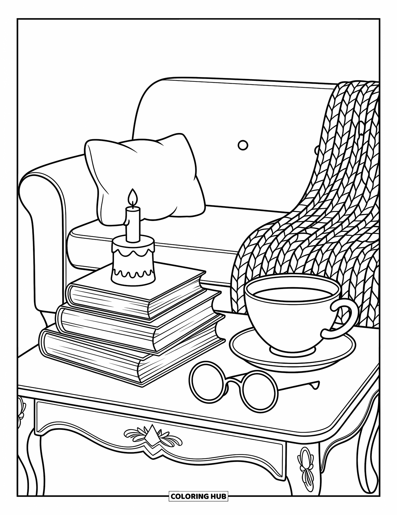 Boek Kleurplaat voor Volwassenen: Een theekopje en een kaars staan met boeken in de buurt van een comfortabele bank en een zachte deken