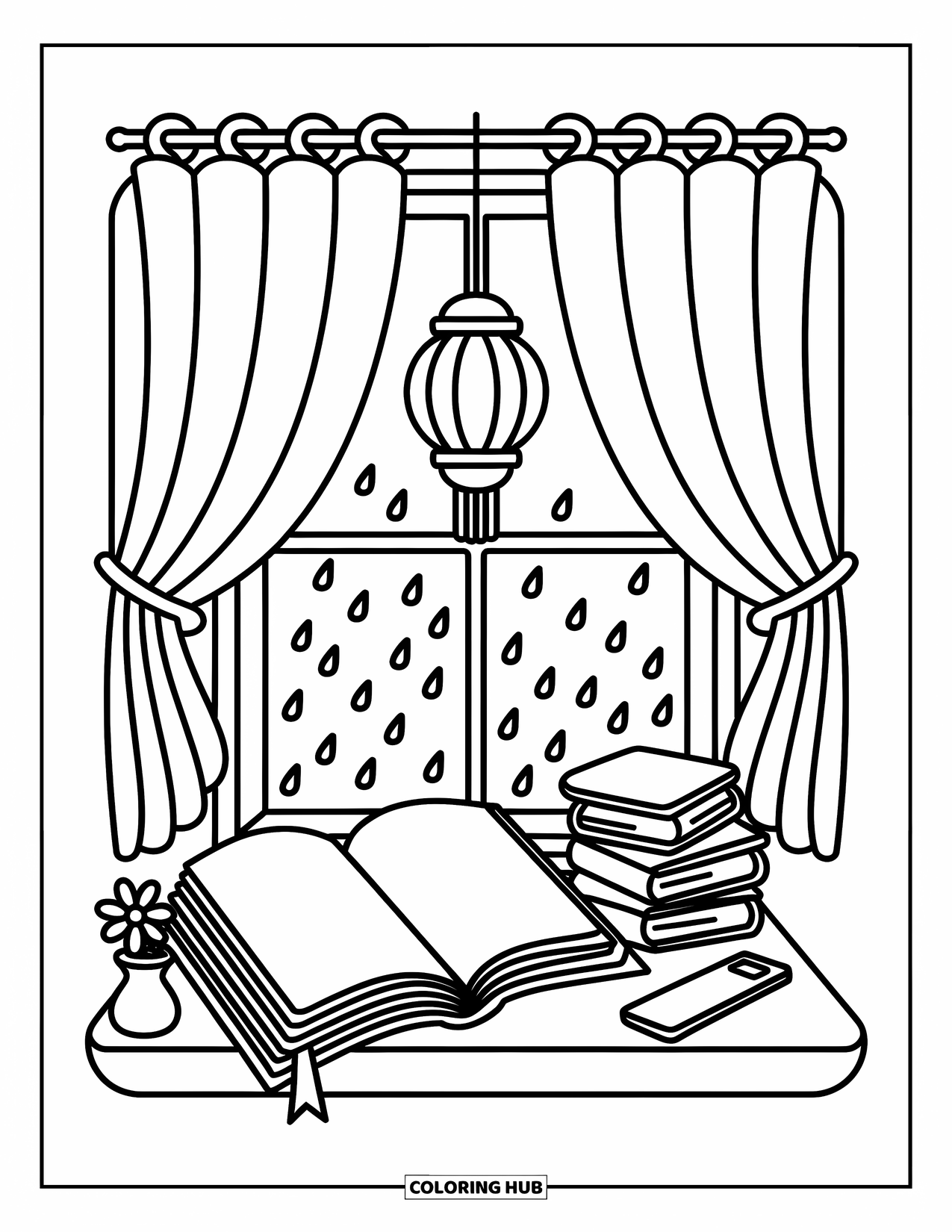 Boek Kleurplaat voor Volwassenen: Een warme vensterhoek bevat boeken, regengetikt glas en een speelse bloemenvaas
