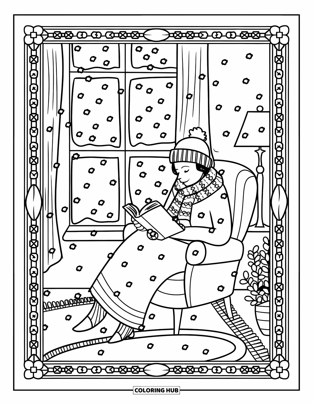 Boek Kleurplaat voor Volwassenen: Een vrouw met een sjaal en muts leest in een gezellige kamer bij een besneeuwd raam