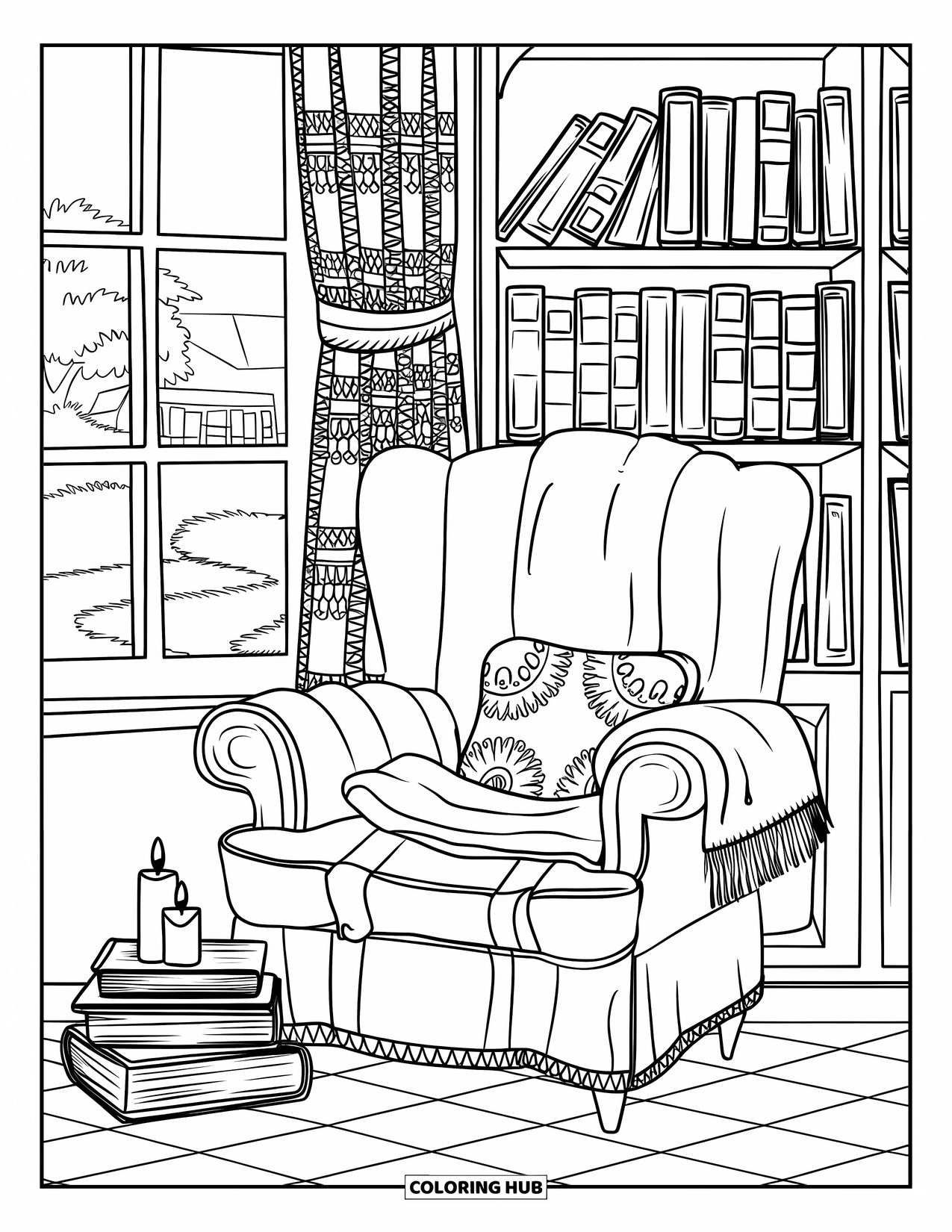Boek Kleurplaat voor Volwassenen: Een fauteuil, boeken en kaarsen vullen een gezellige ruimte met kanten gordijnen en een betegelde vloer