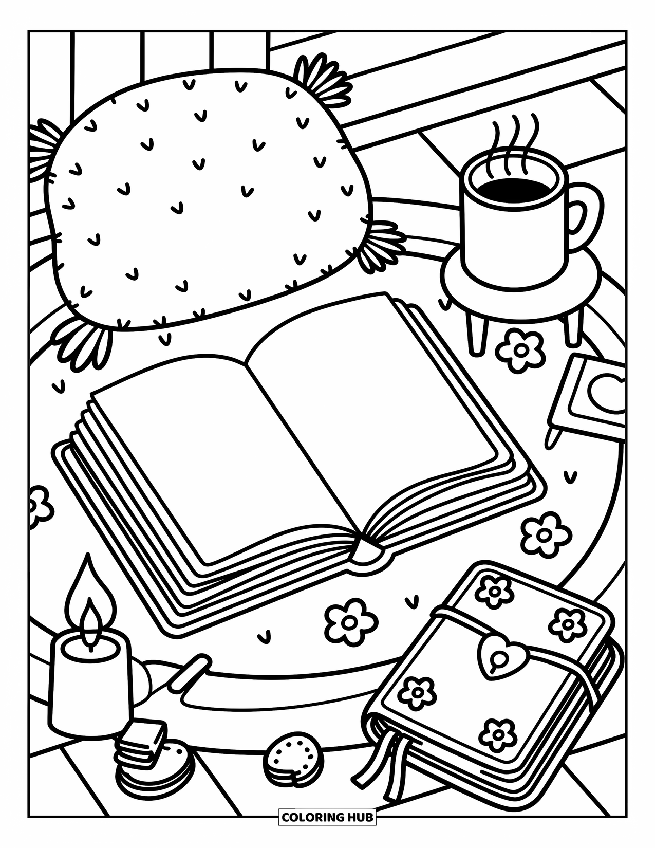 Boek Kleurplaat voor Volwassenen: Een open boek ligt op een kleed met een kaars, een mok en een zacht kussen