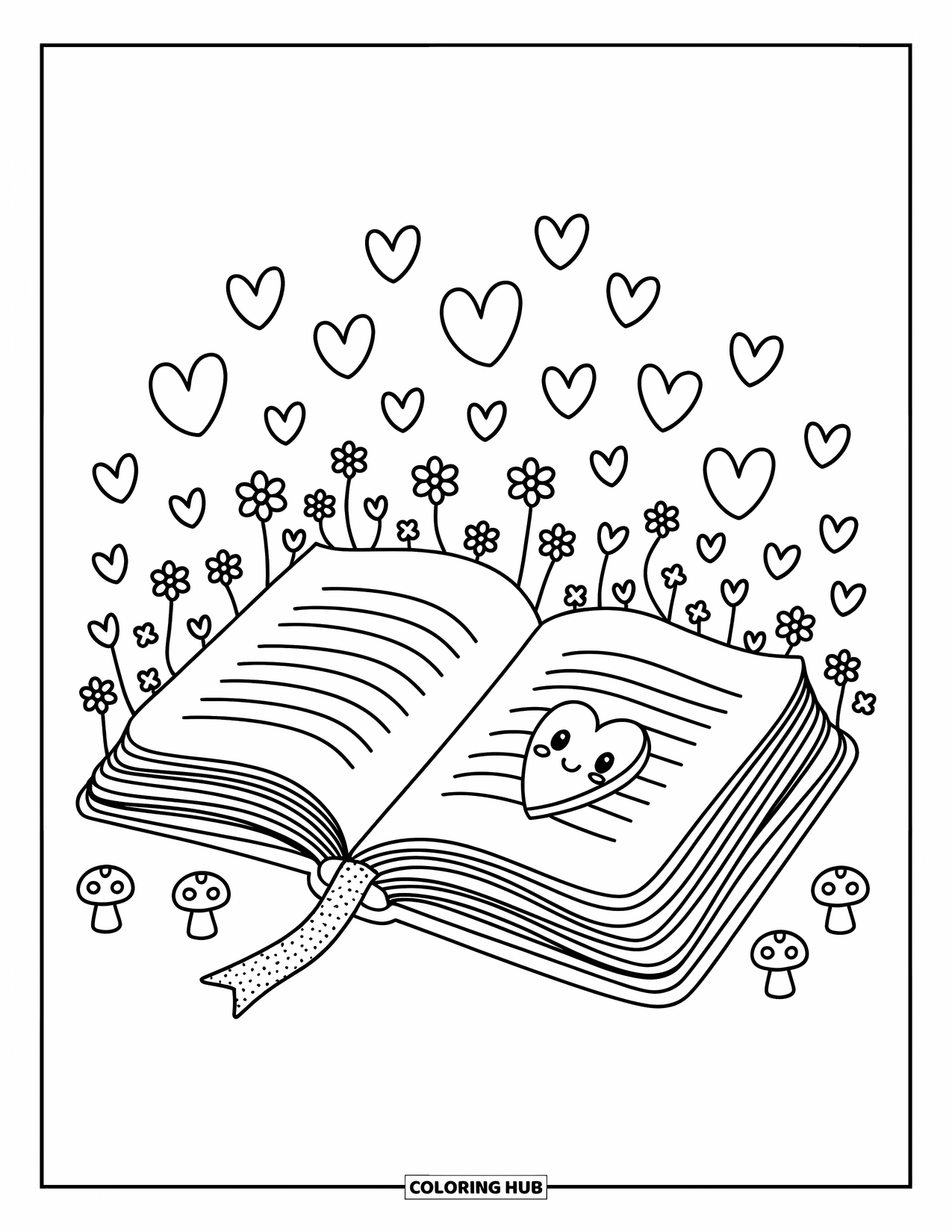 Boek Kleurplaat voor Volwassenen: Een open dagboek toont een hartbladwijzer, omringd door harten, bloemen en speelse wezens