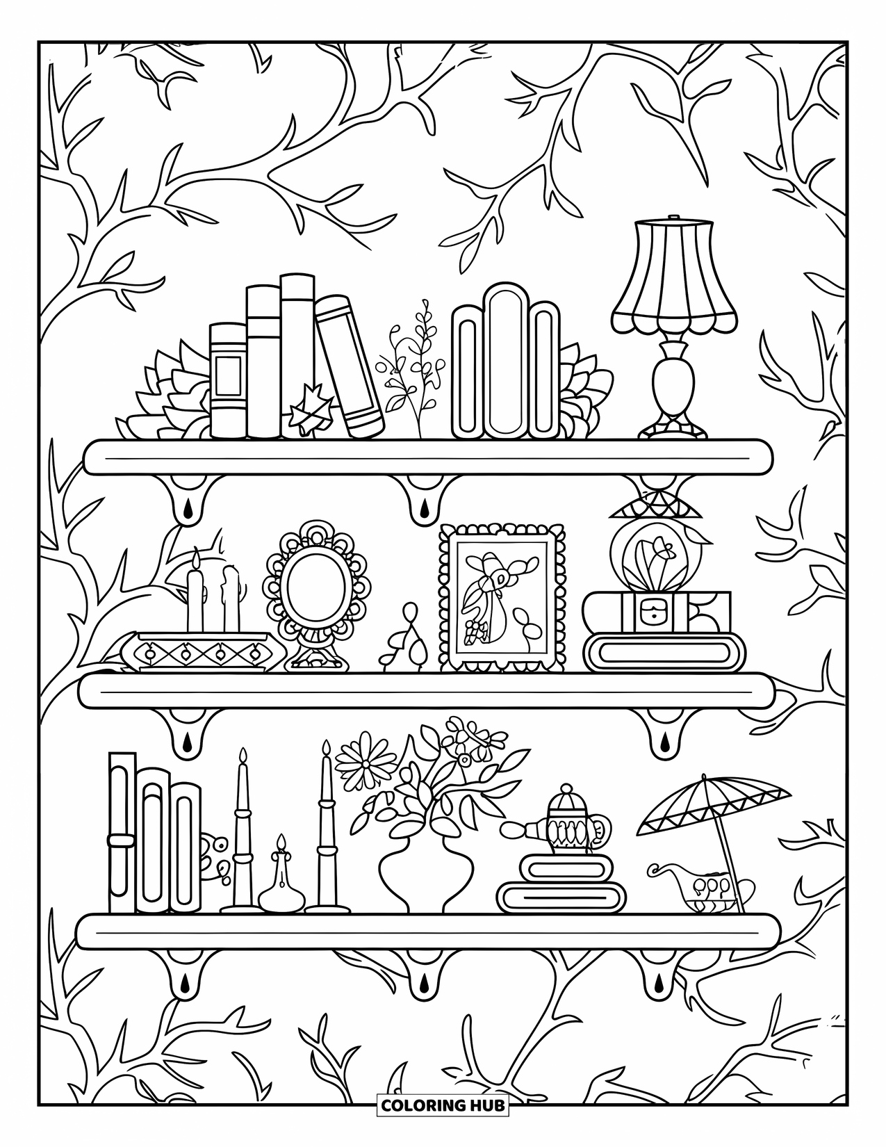 Boek Kleurplaat voor Volwassenen: Boeken en decoraties vullen een plank met vazen, kaarsen en een muur met takkenpatroon