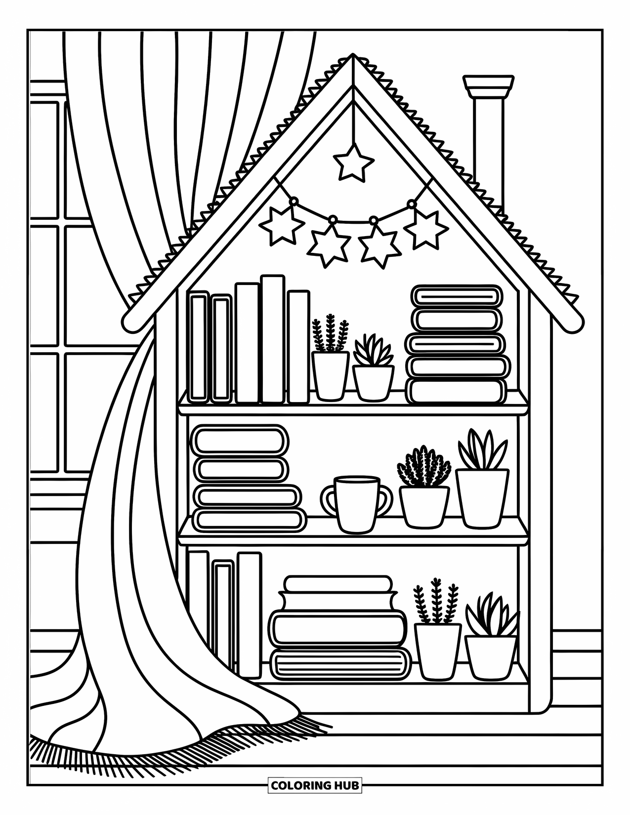 Boek Kleurplaat voor Volwassenen: Boeken en mokken vullen een huisvormige plank naast gordijnen en een gezellige deken