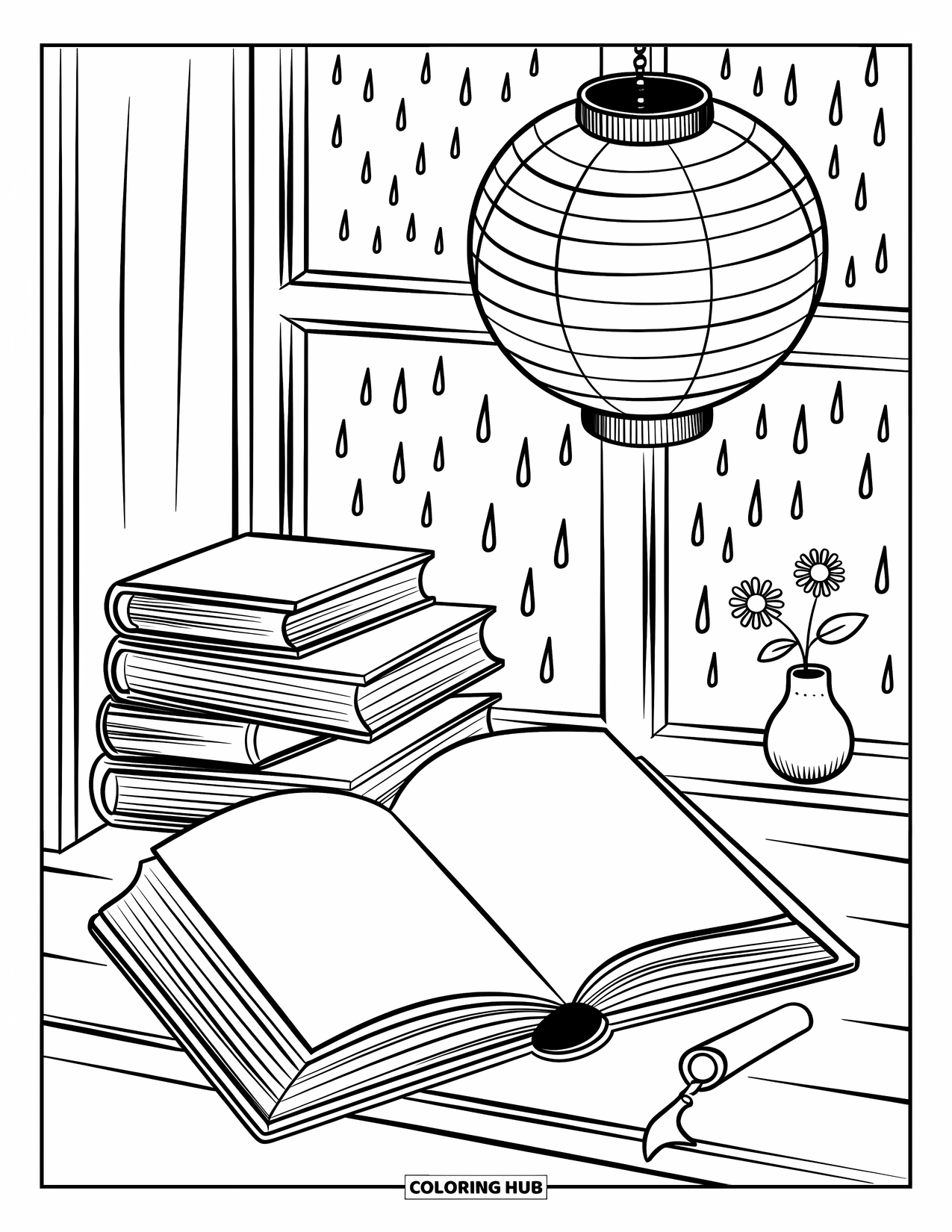 Boek Kleurplaat voor Volwassenen: Boeken en regendruppels vullen een gezellig hoekje met een gloeiende lantaarn en een zacht briesje