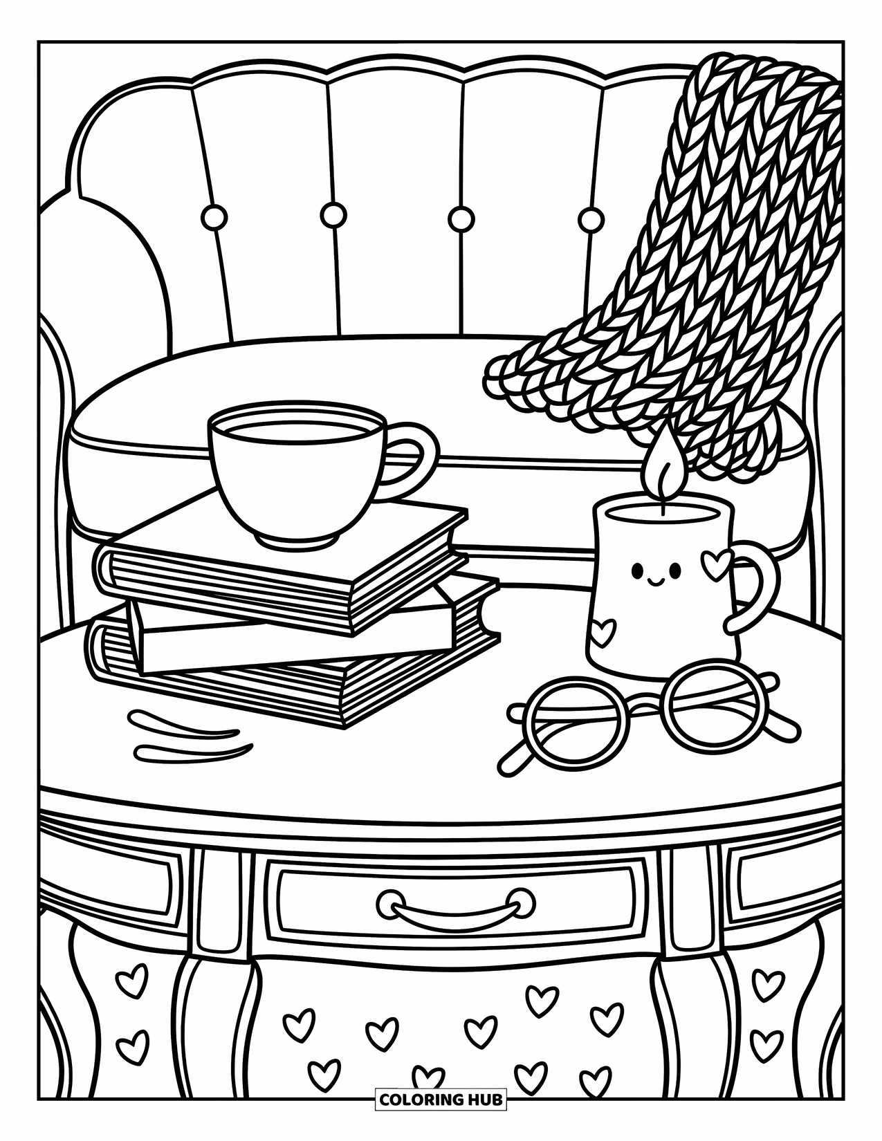 Boek Kleurplaat voor Volwassenen: Boeken en thee staan bij een kaars en een bril met een gezellige bank op de achtergrond