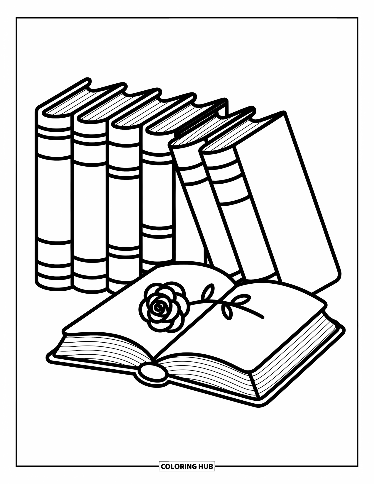 Boek Kleurplaat voor Volwassenen: Boeken leunen samen met een roos in een boek, omlijst door schattige wolken en kleine doodles