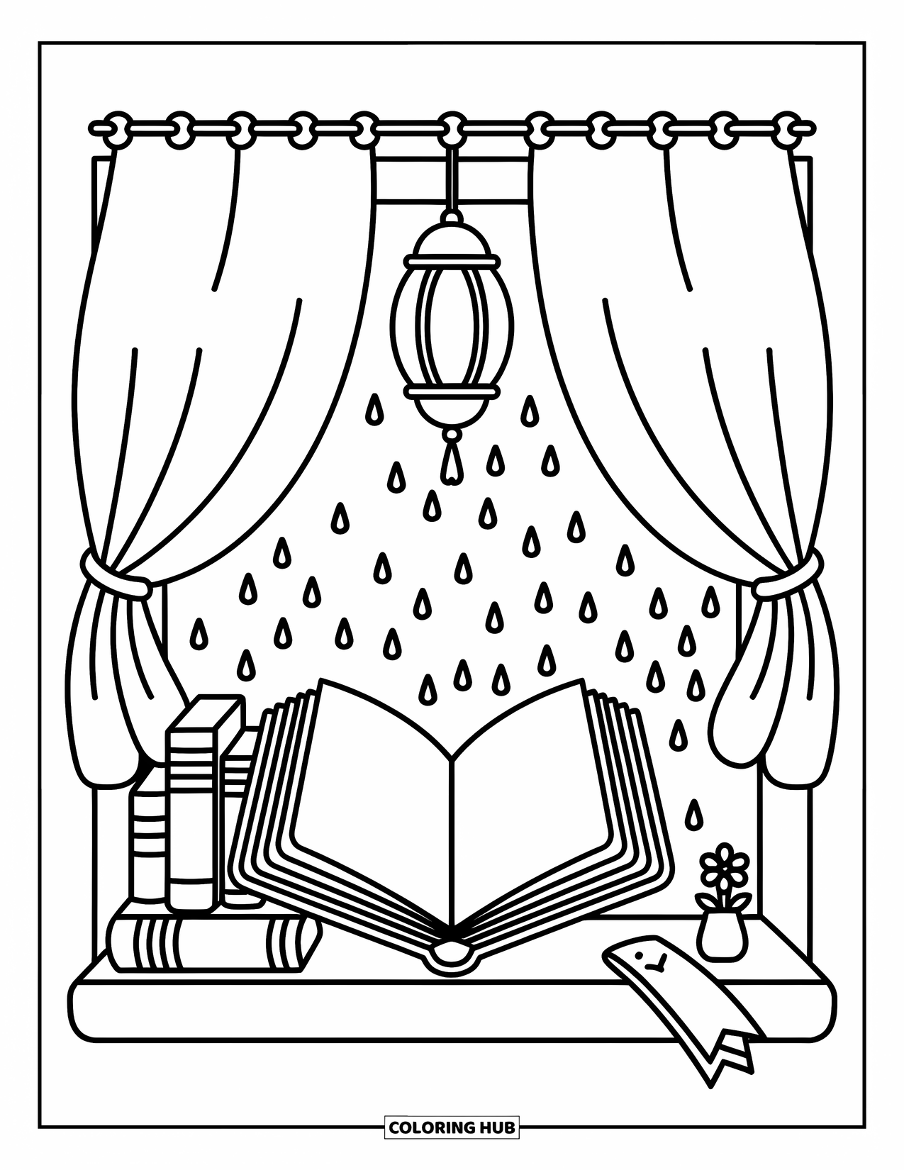 Boek Kleurplaat voor Volwassenen: Boeken rusten bij een gloeiende lantaarn met regendruppels op het raam en kleine details in de buurt