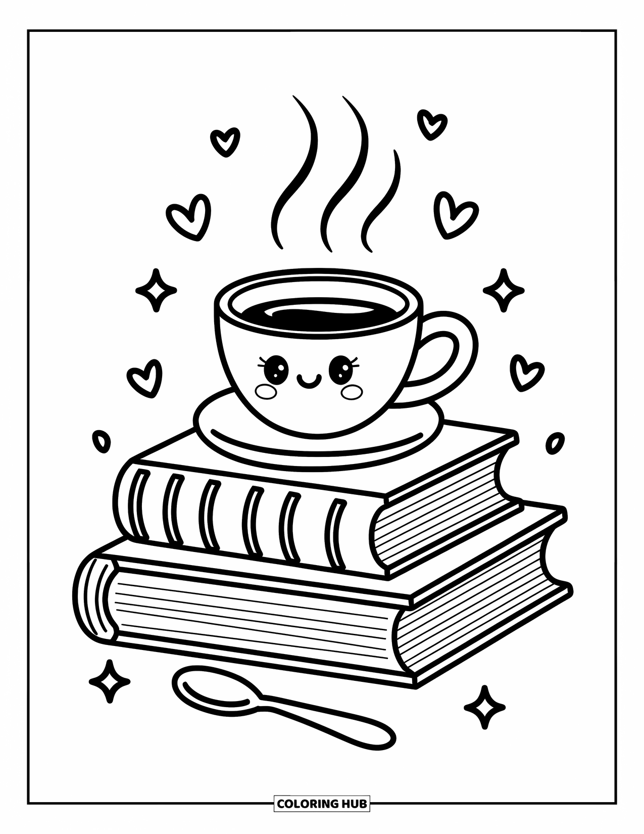 Boek Kleurplaat voor Volwassenen: Boeken stapelen zich op onder een stomende koffiekop met harten en sterren die in de buurt zweven